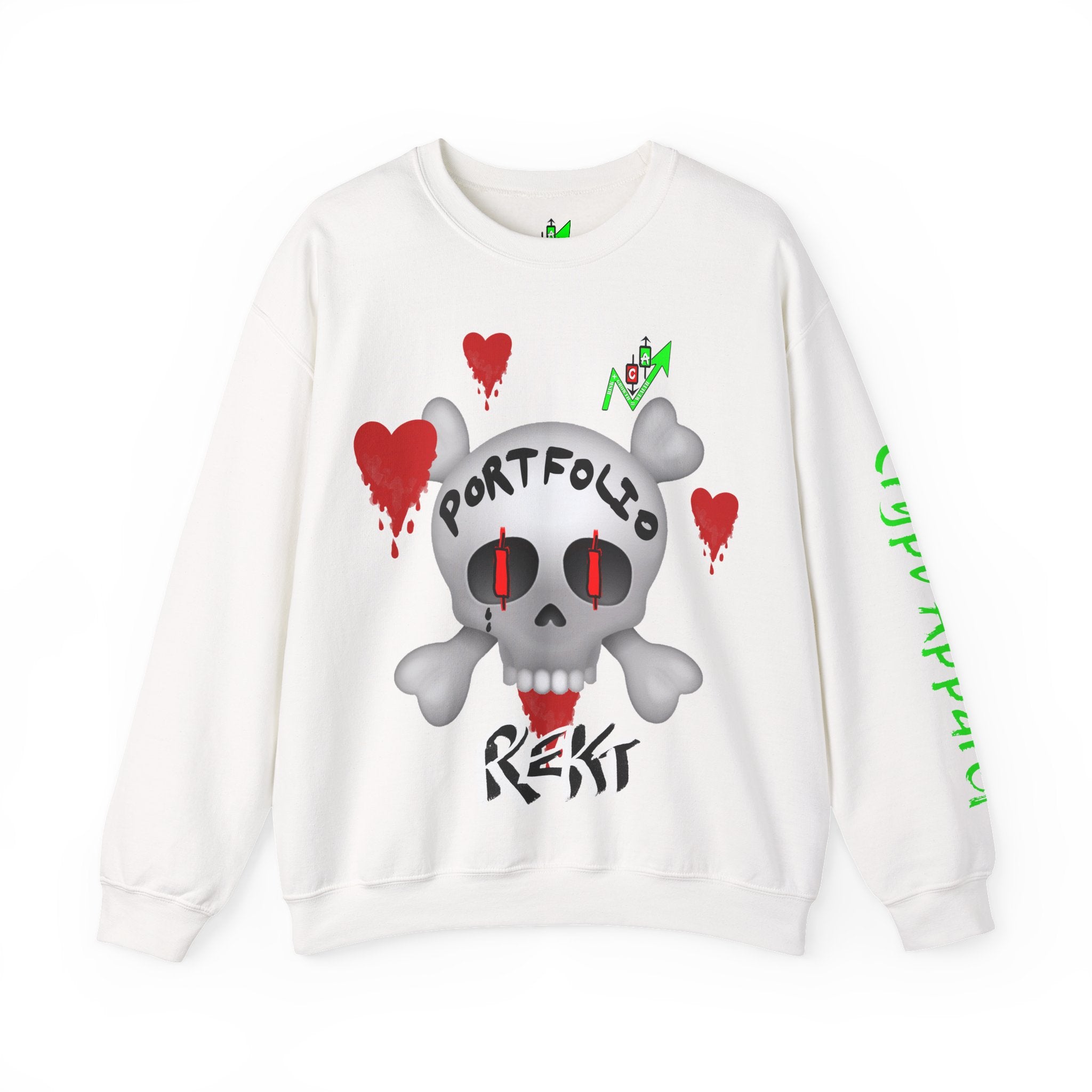 Rekt Portfolio design by Crypt Apparel featuring a skull and crossbones with red candlesticks and a sad face