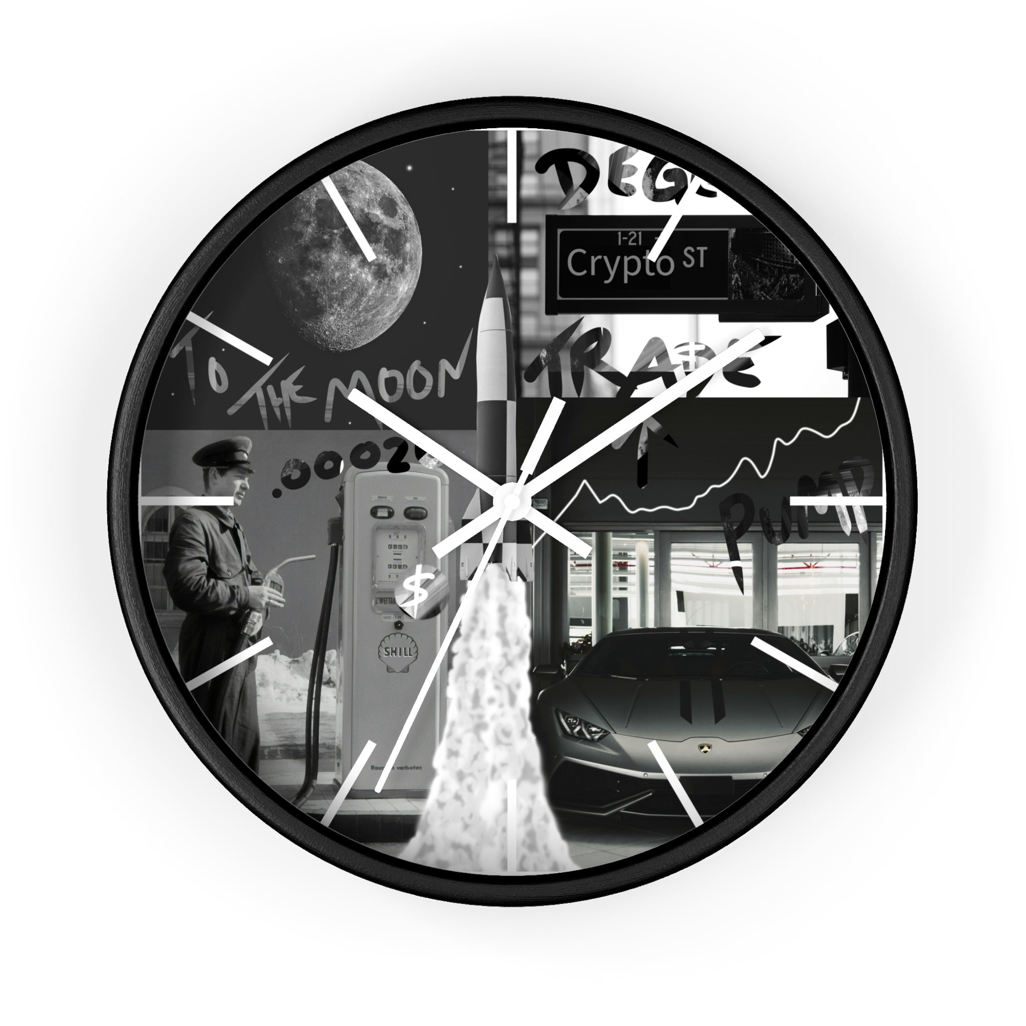 B&W Crypto Dreamscape Wall Clock — Crypt Apparel Moon, Lamborghini & Trading Collage