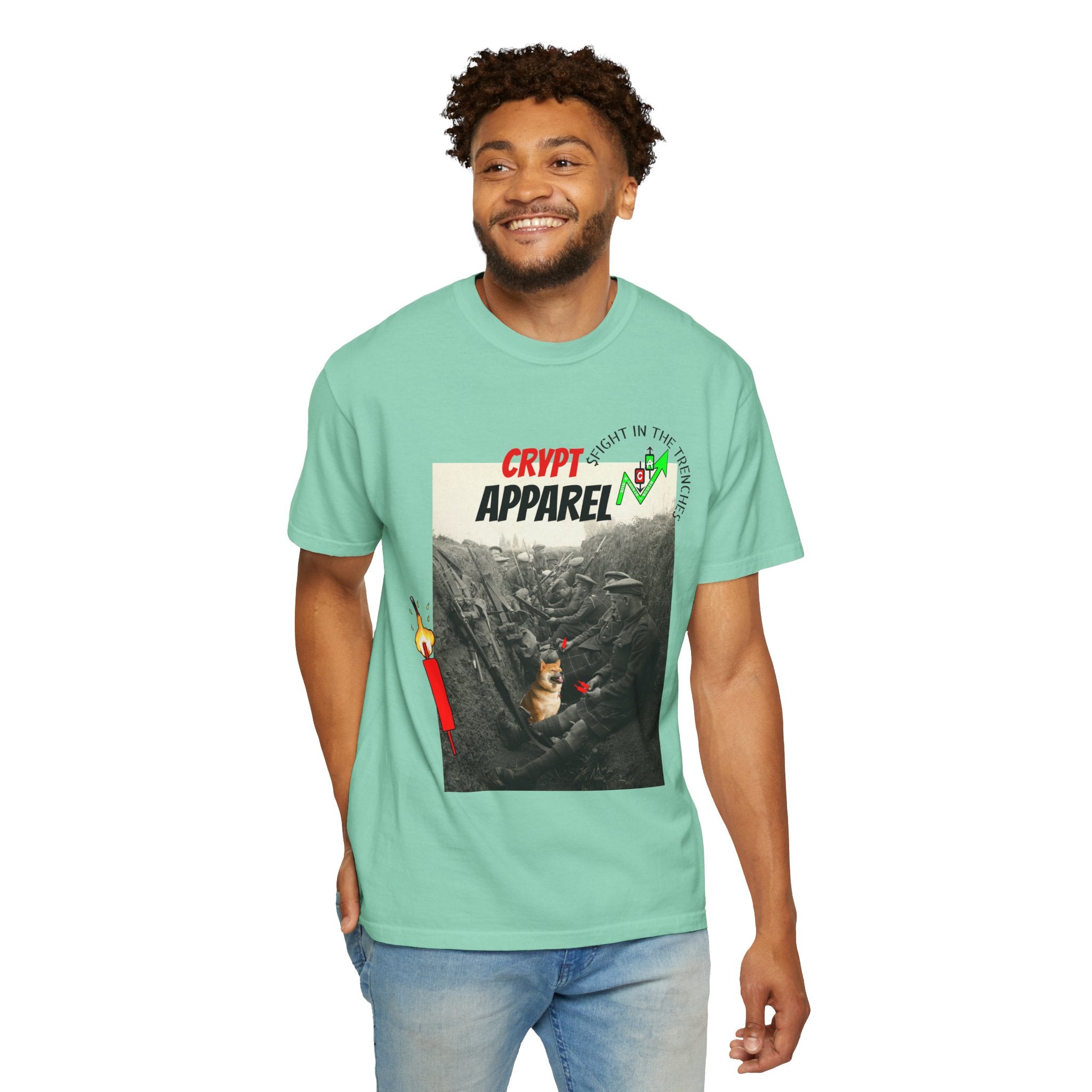 The Trenches Crypto Graphic T‑Shirt — 'Crypt Apparel' Candle Design
