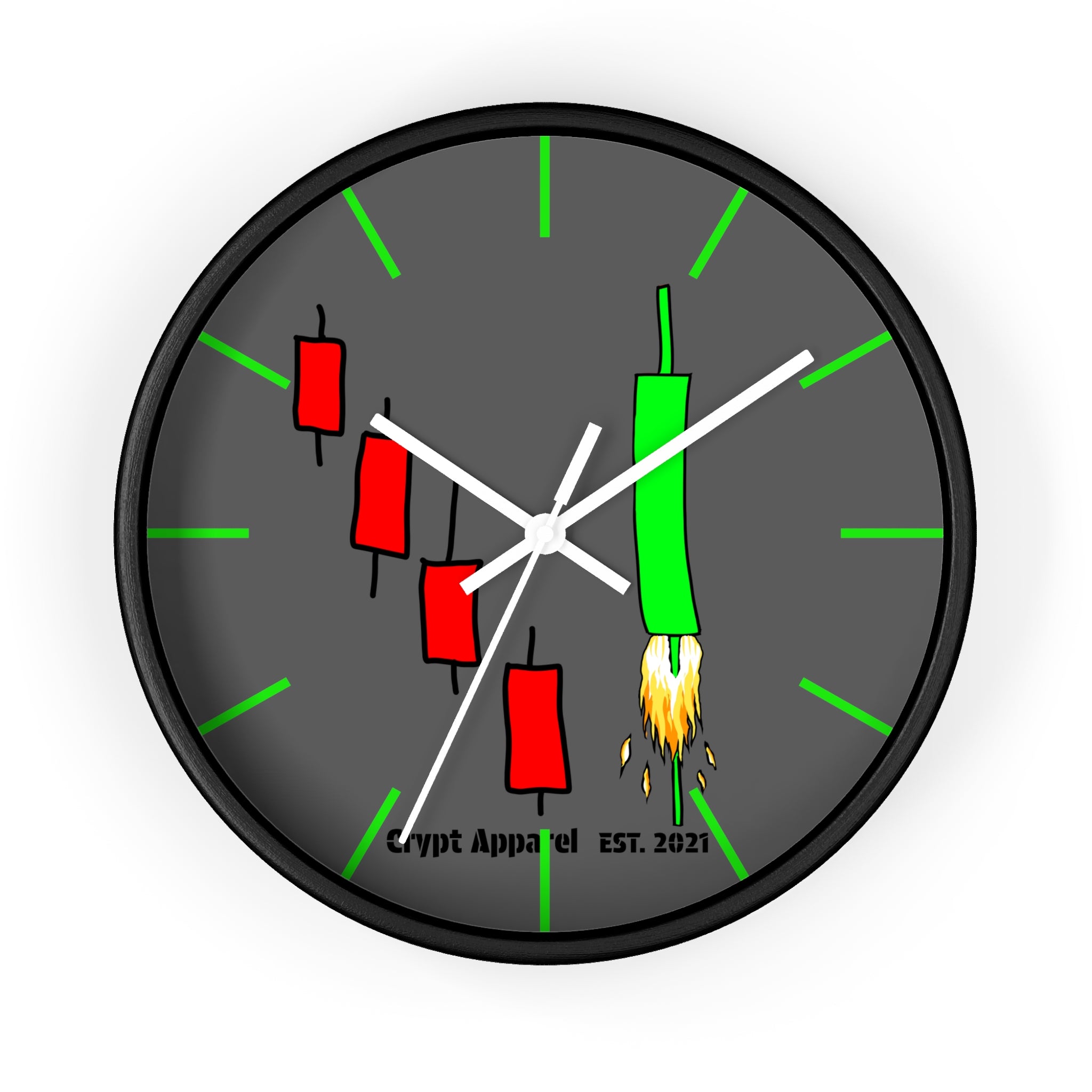 Degen Traders Crypto Candlestick Wall Clock — Crypt Apparel 'Bull Rocket' Trading Chart Clock