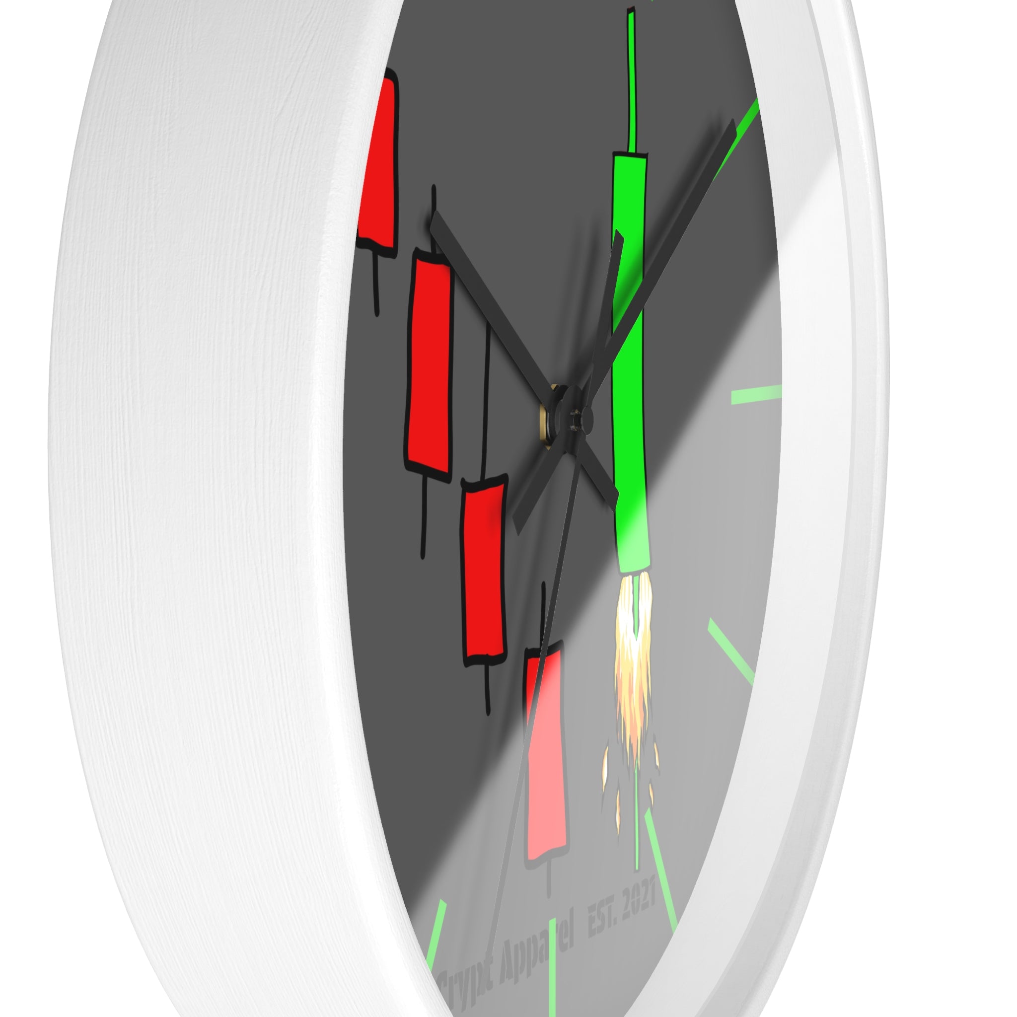 Degen Traders Crypto Candlestick Wall Clock — Crypt Apparel 'Bull Rocket' Trading Chart Clock