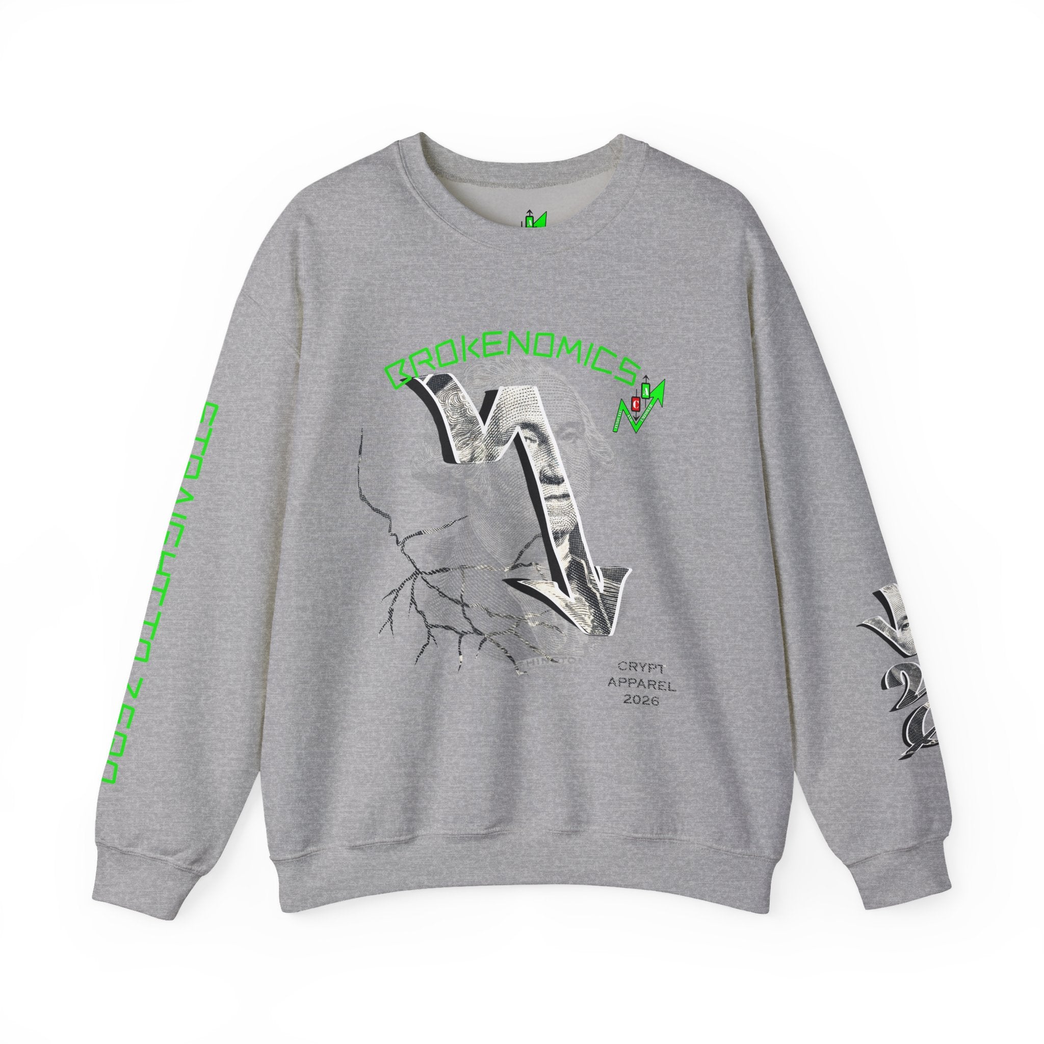Brokenomics Crypto Crewneck Sweatshirt — Crypt Apparel Graphic Pullover with Neon Green Accents