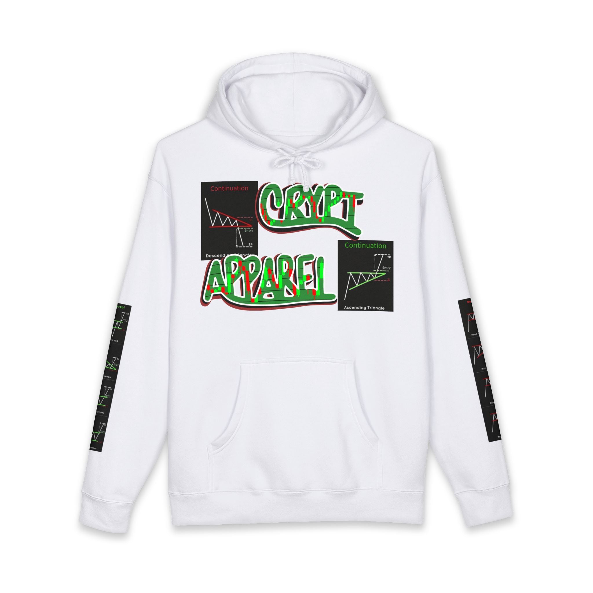 White Crypto trading Hoodie made by Crypt Apparel with signals and graphics for technical chart reading.