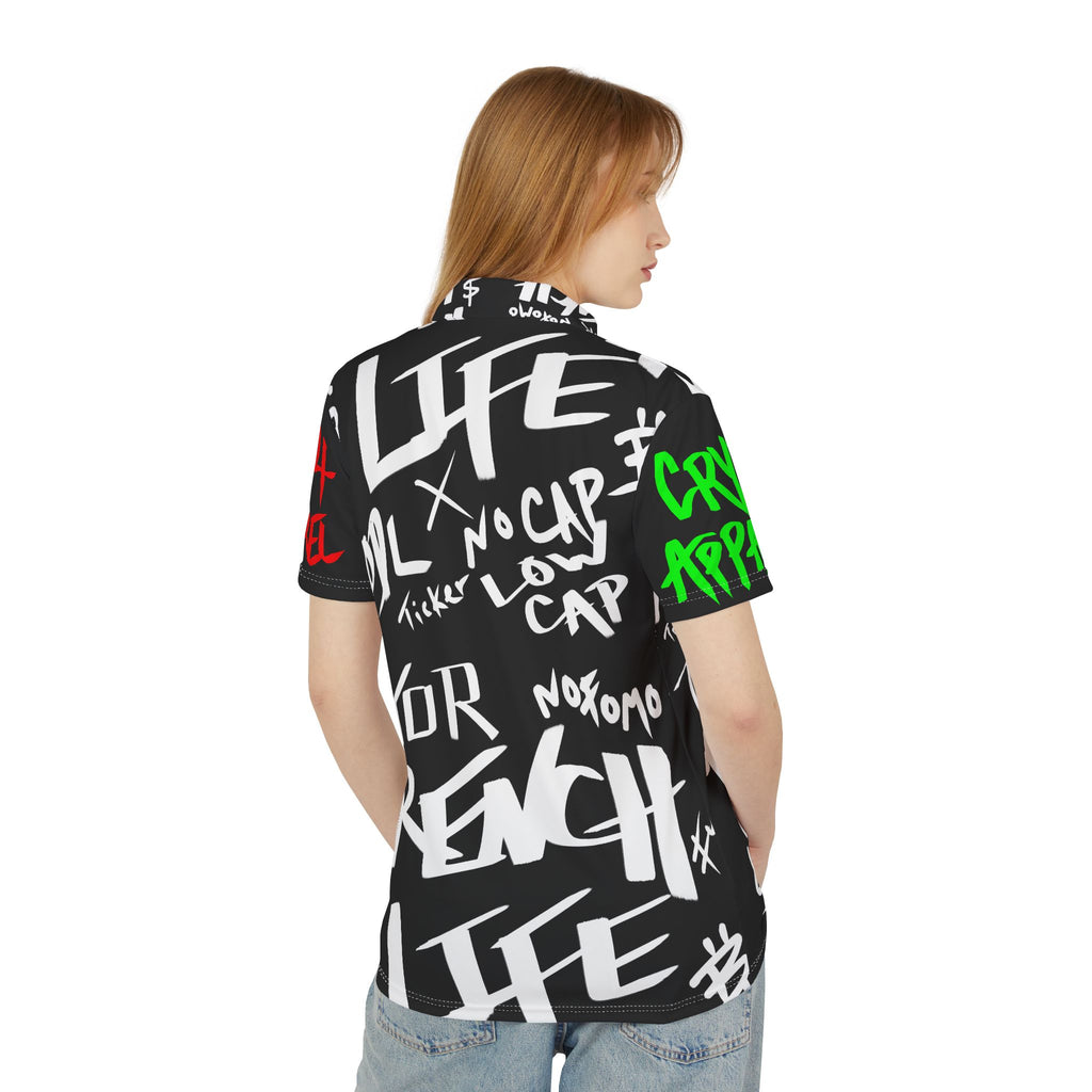 Trench Life Script Streetwear Polo Shirt | Crypt Apparel Black All-Over Print