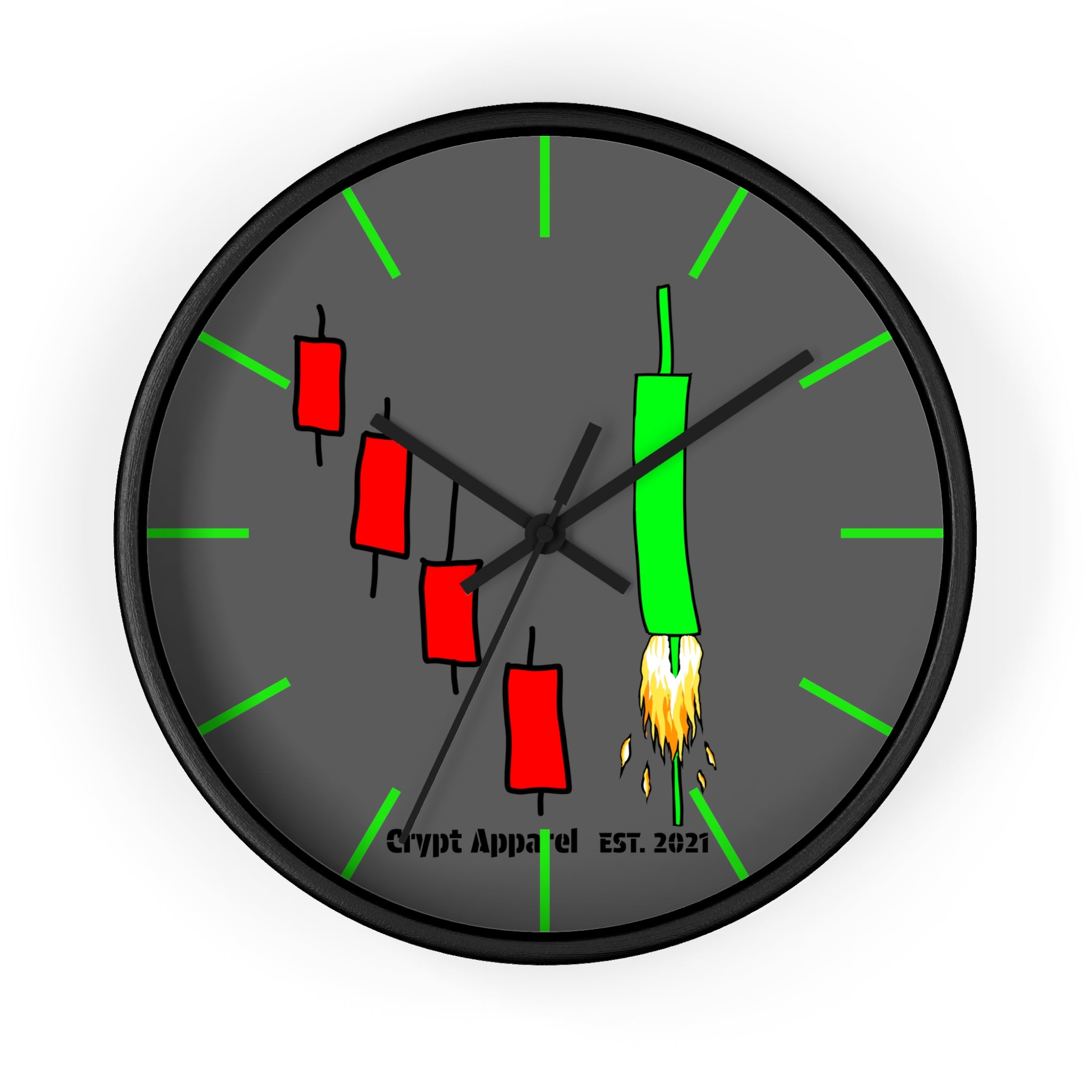 Degen Traders Crypto Candlestick Wall Clock — Crypt Apparel 'Bull Rocket' Trading Chart Clock