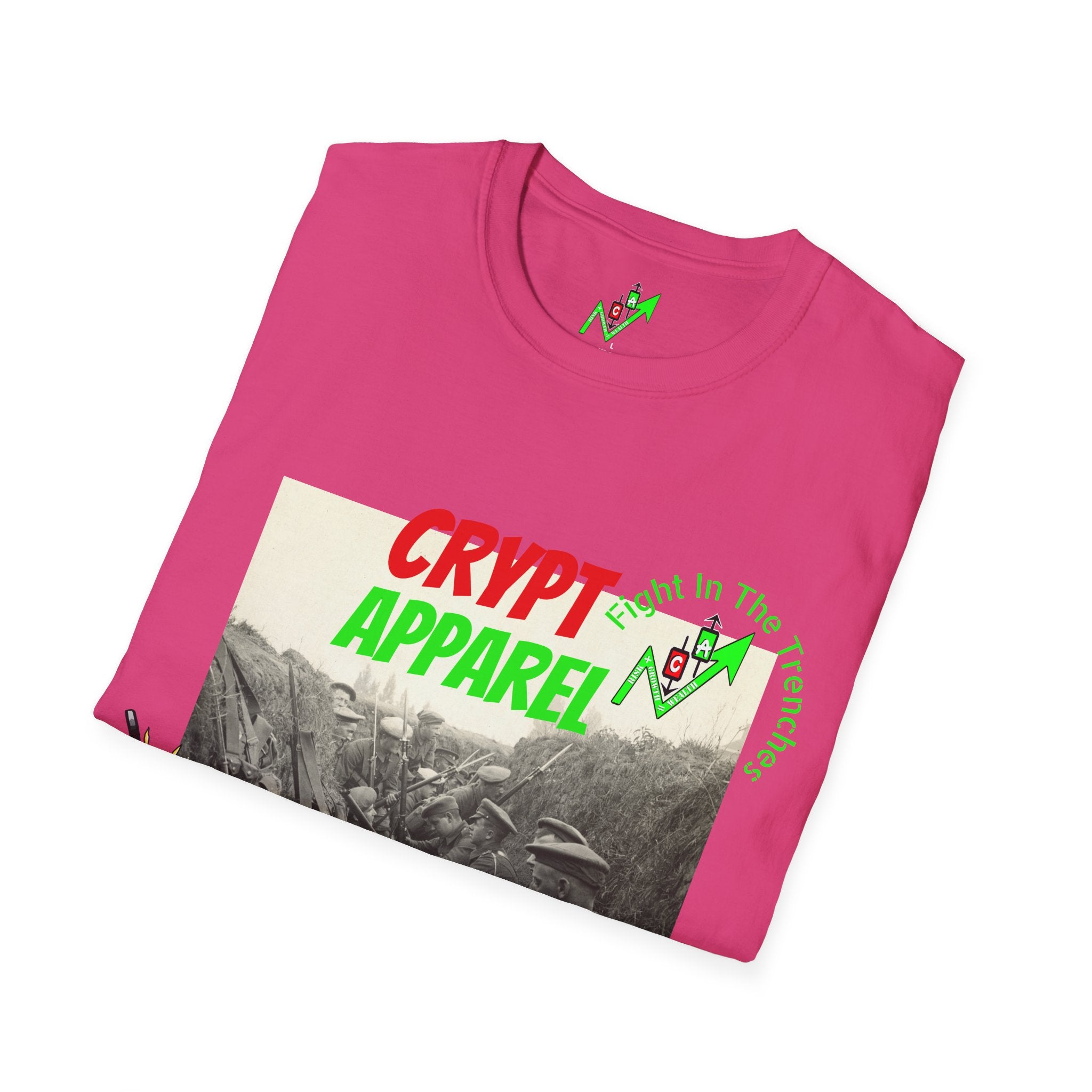 The Trenches Crypto T‑Shirt — 'Crypt Apparel' Graphic Tee with Candlesticks Design