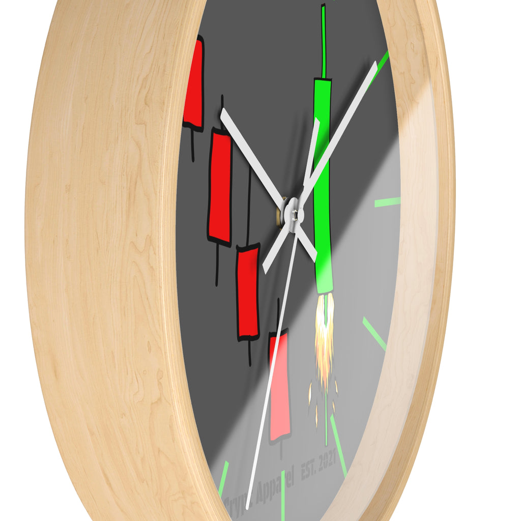 Degen Traders Crypto Candlestick Wall Clock — Crypt Apparel 'Bull Rocket' Trading Chart Clock