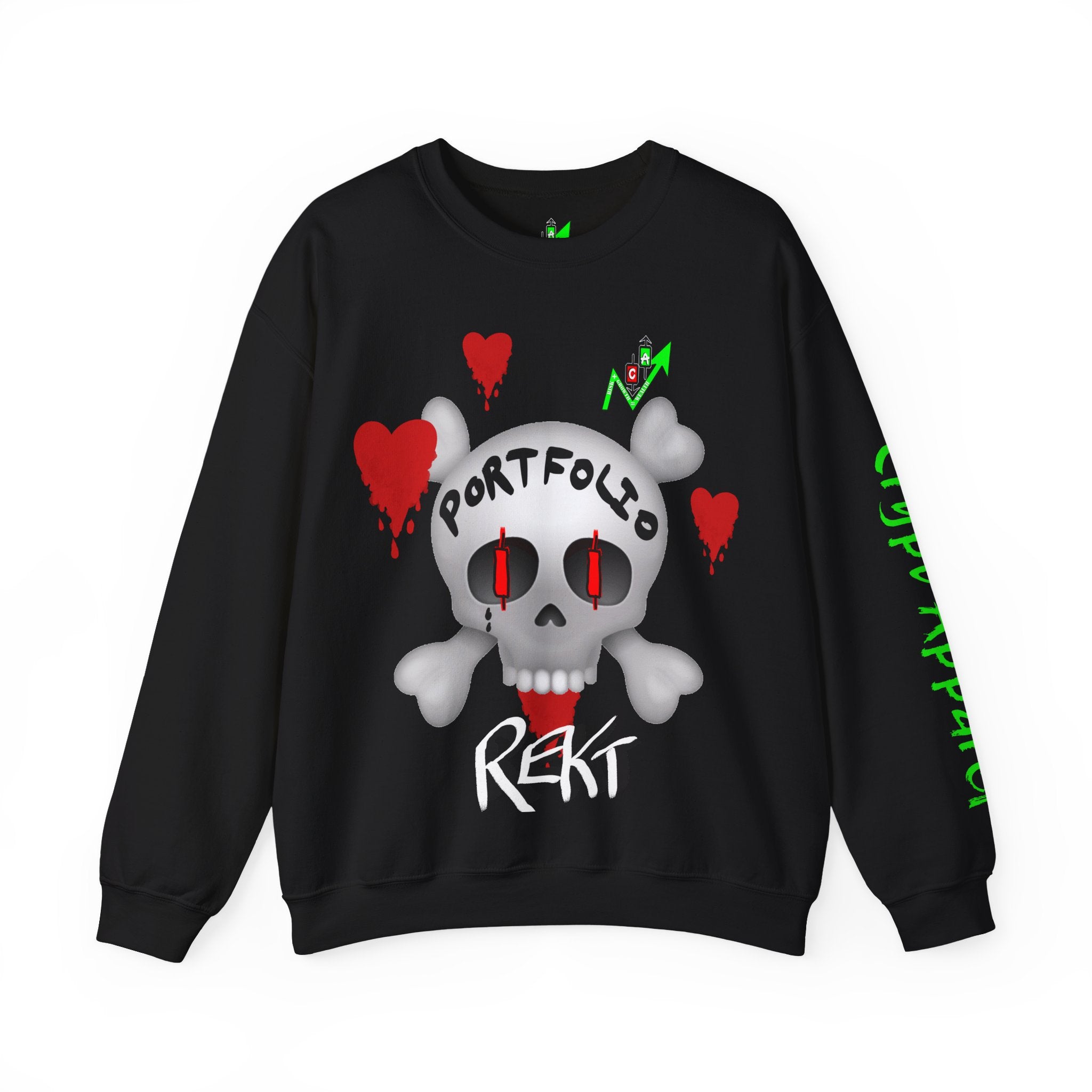 REKT Portfolio crewneck sweatshirt by Crypt Apparel features a skull and crossbones with red candlestick eyes and bleeding hearts