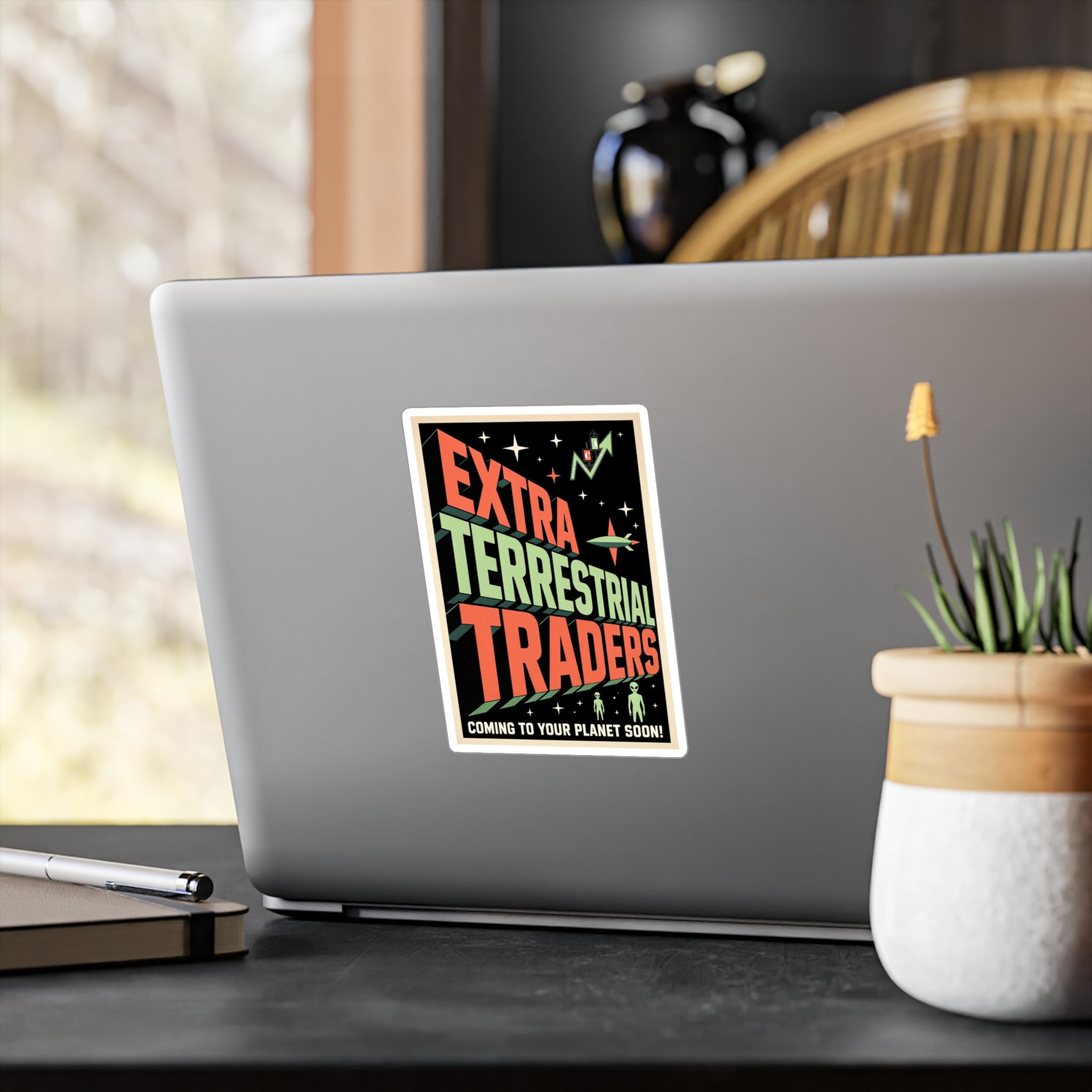 Retro Alien Crypto Movie Poster Kiss-Cut Vinyl Sticker — “Extra Terrestrial Traders”