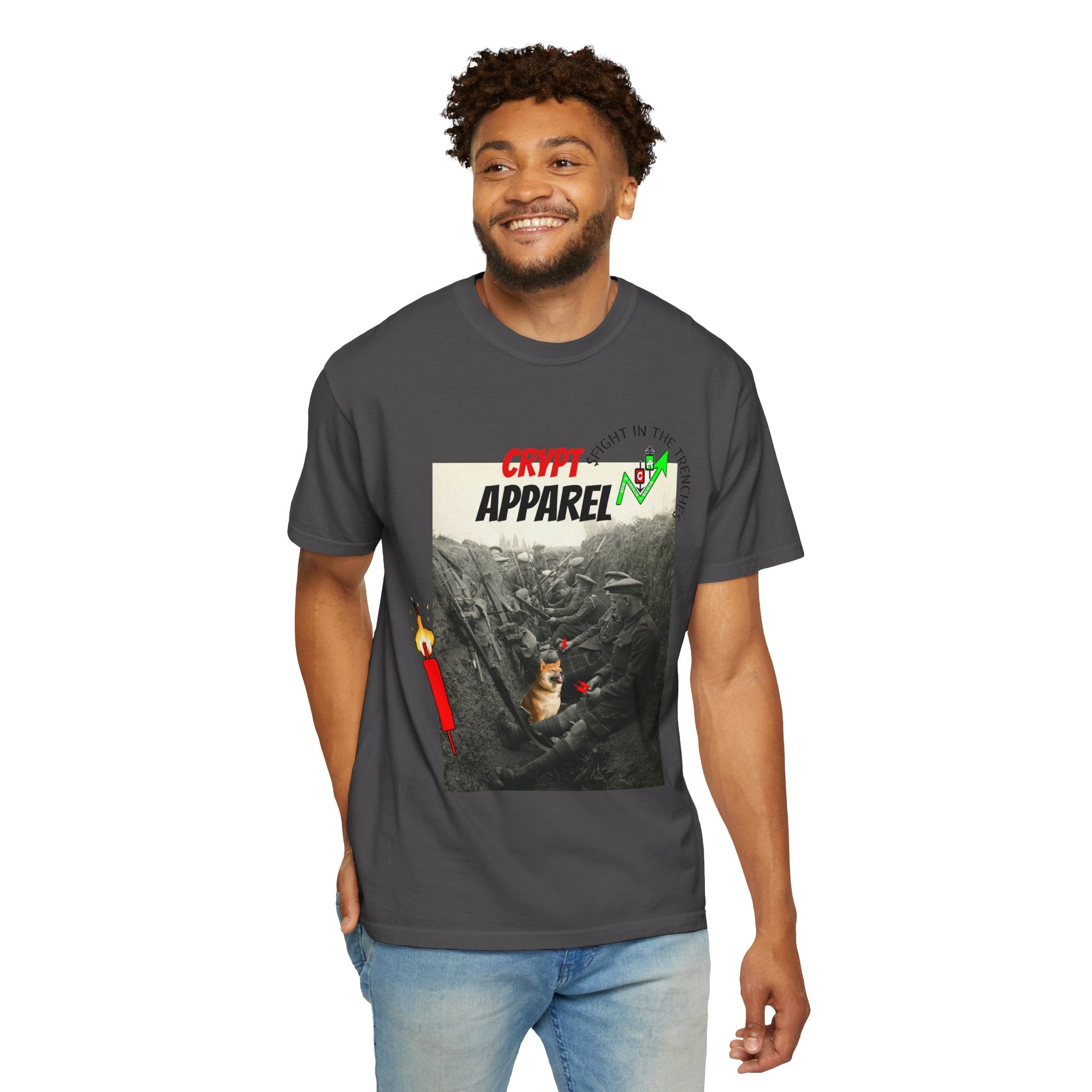 The Trenches Crypto Graphic T‑Shirt — 'Crypt Apparel' Candle Design
