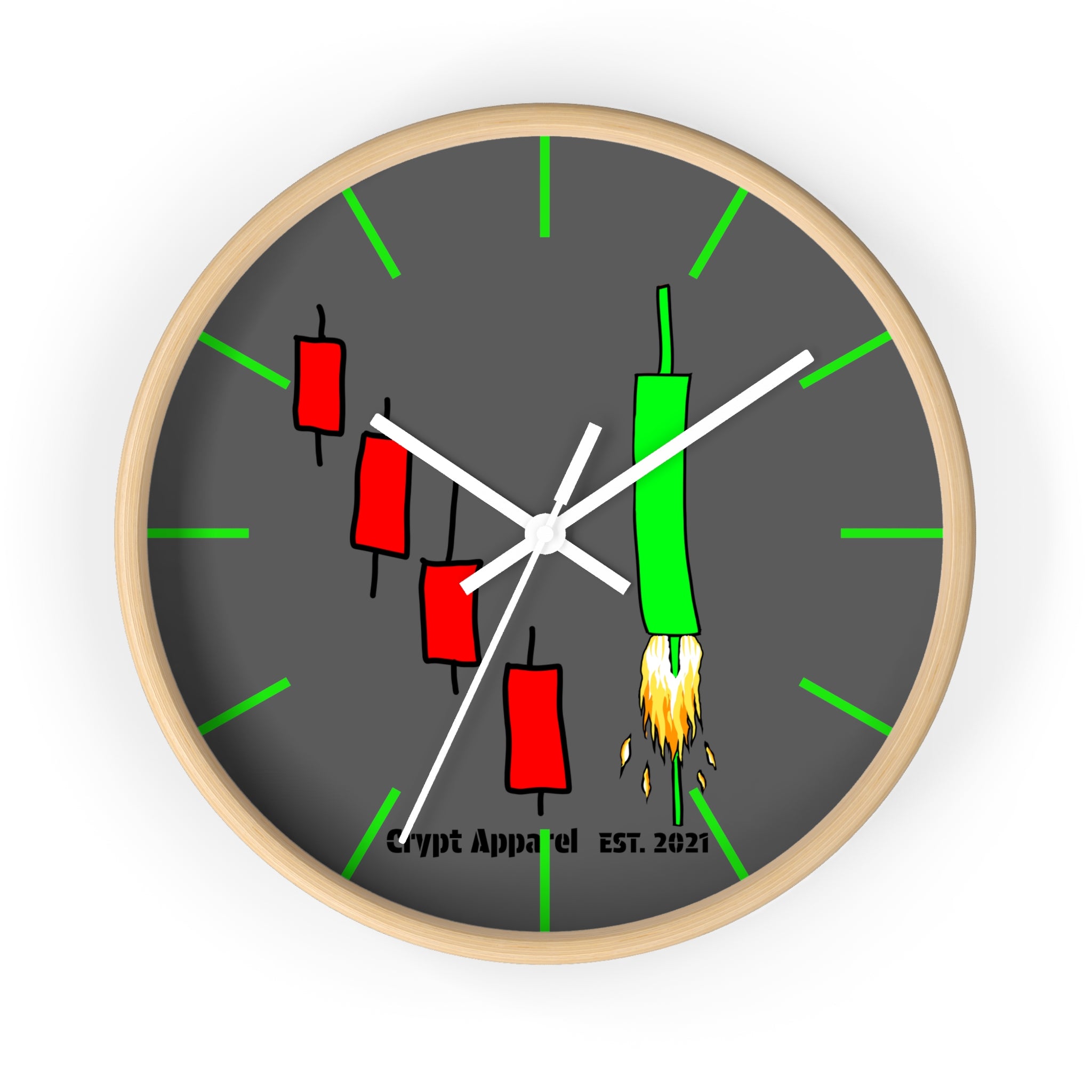 Degen Traders Crypto Candlestick Wall Clock — Crypt Apparel 'Bull Rocket' Trading Chart Clock