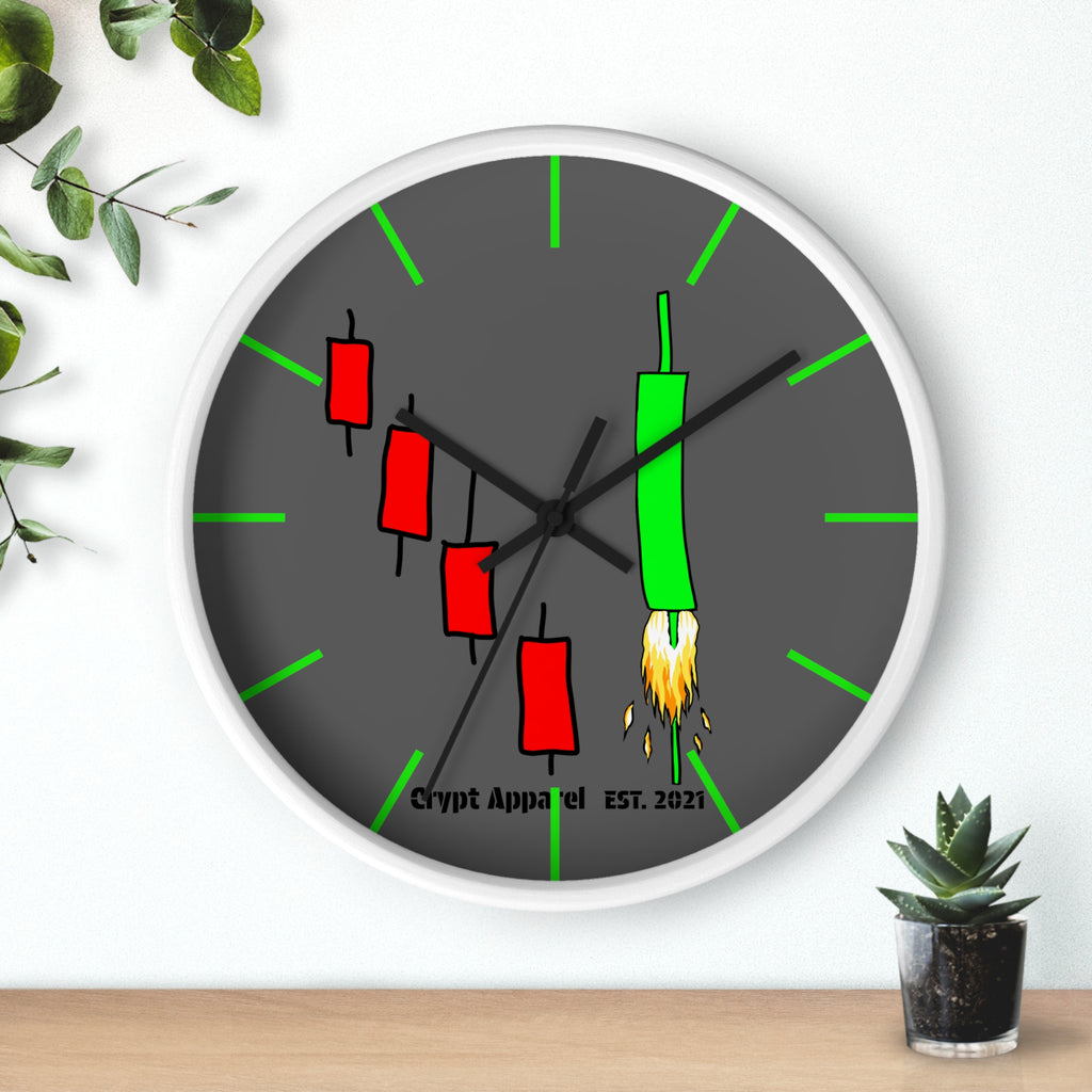 Degen Traders Crypto Candlestick Wall Clock — Crypt Apparel 'Bull Rocket' Trading Chart Clock
