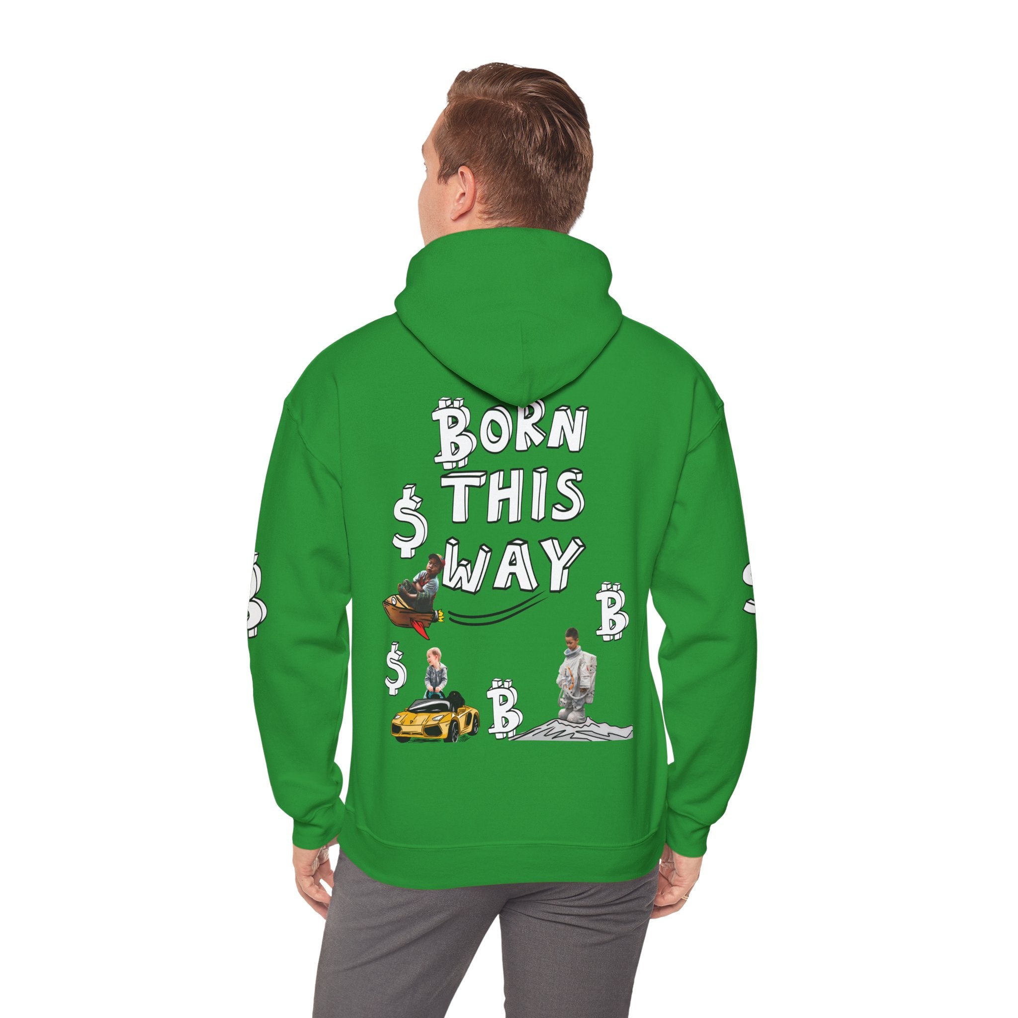 Born This Way Bitcoin Hoodie by Crypt Apparel features iconic imagery of a child's imagination of becoming successful 