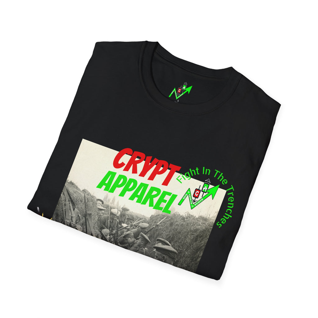 The Trenches Crypto T‑Shirt — 'Crypt Apparel' Graphic Tee with Candlesticks Design