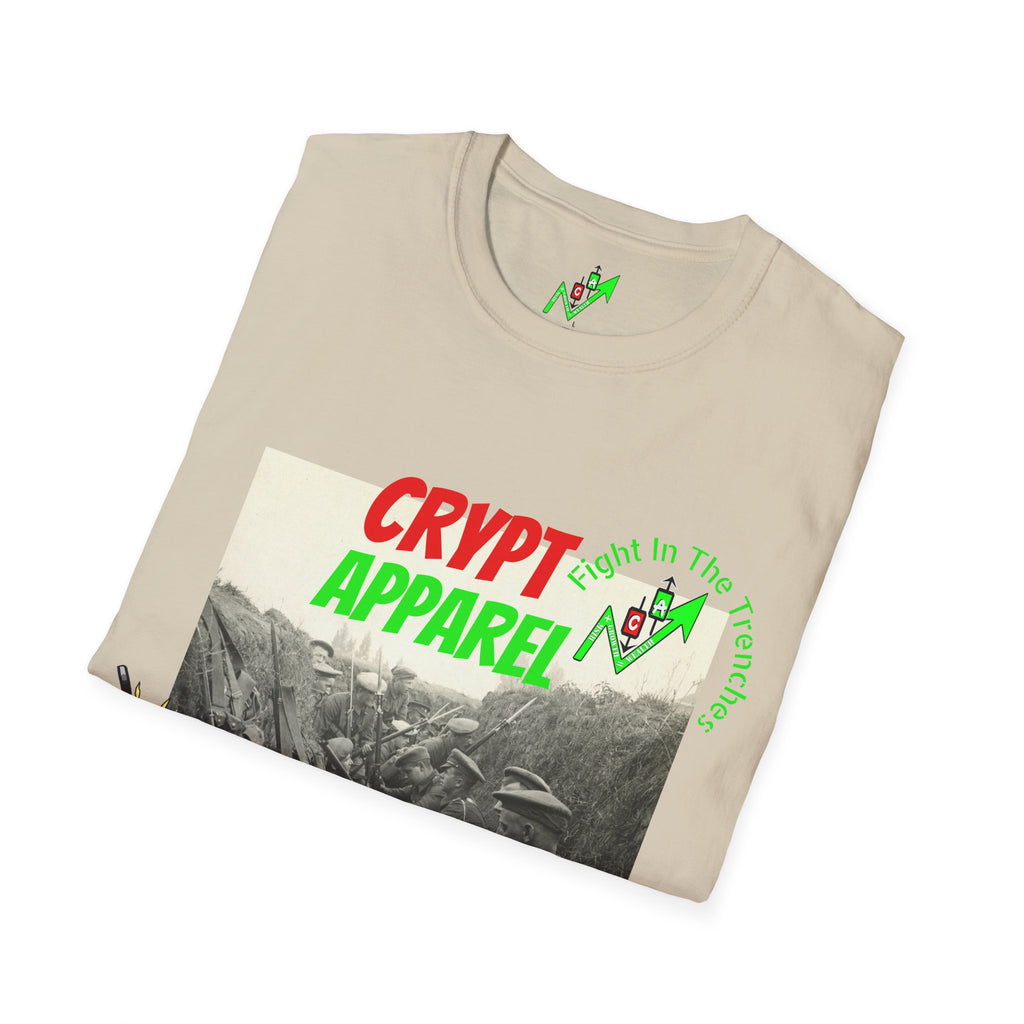 The Trenches Crypto T‑Shirt — 'Crypt Apparel' Graphic Tee with Candlesticks Design
