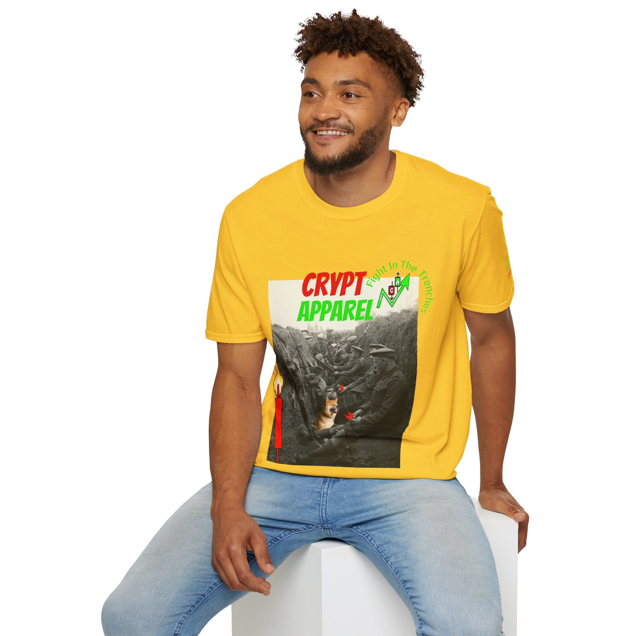 The Trenches Crypto T‑Shirt — 'Crypt Apparel' Graphic Tee with Candlesticks Design
