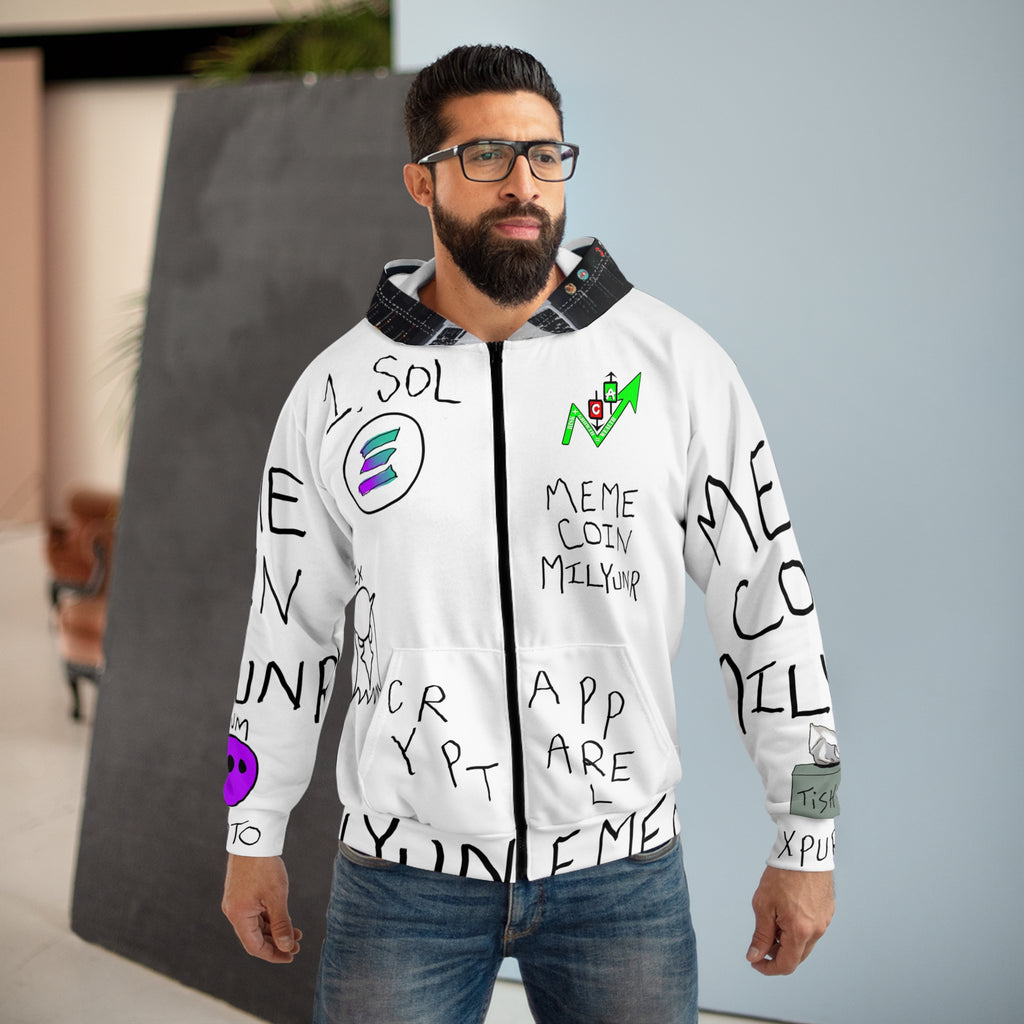 Meme Coin Millionaire Crypto Zip Hoodie — 'Crypt Apparel Meme' All-Over Print