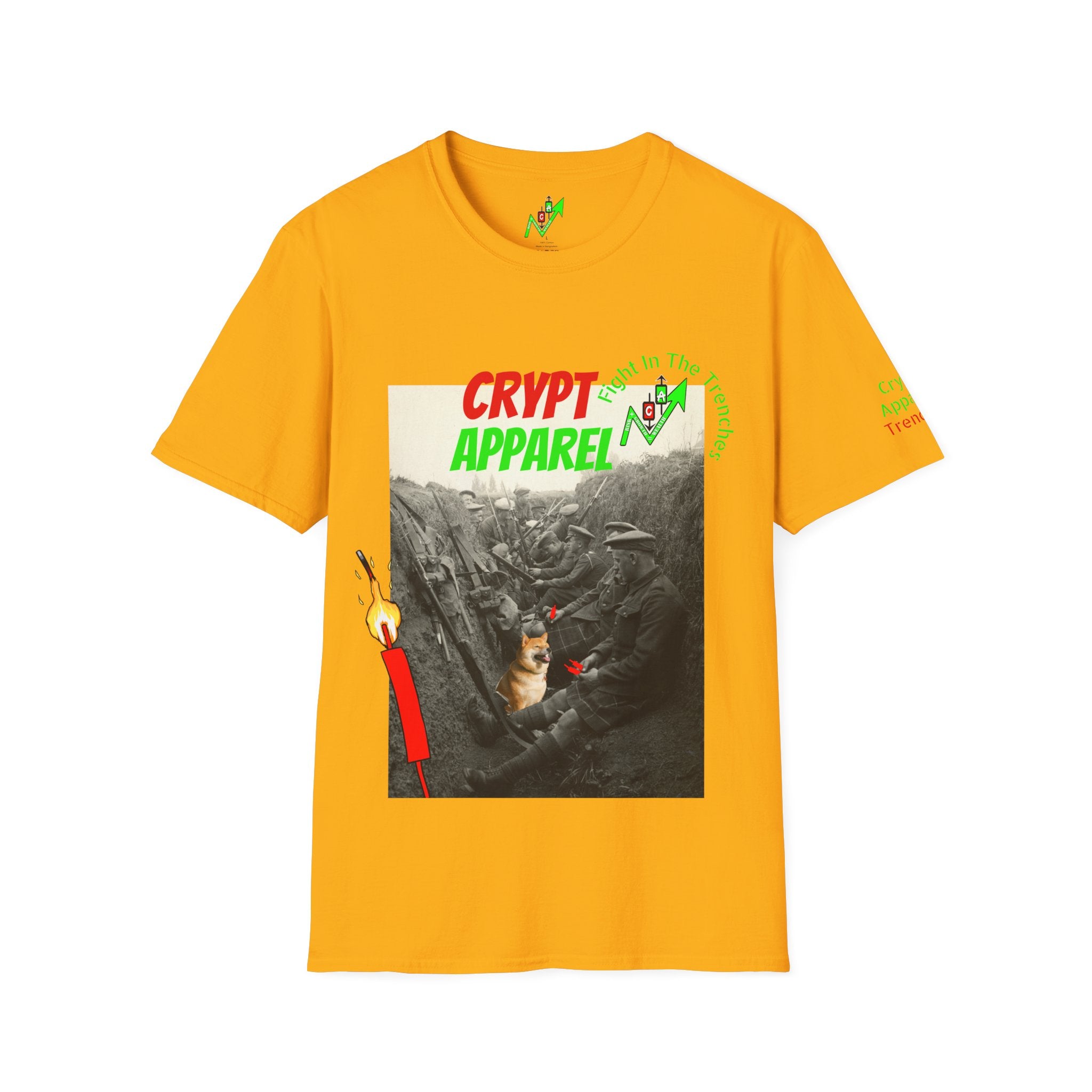 The Trenches Crypto T‑Shirt — 'Crypt Apparel' Graphic Tee with Candlesticks Design