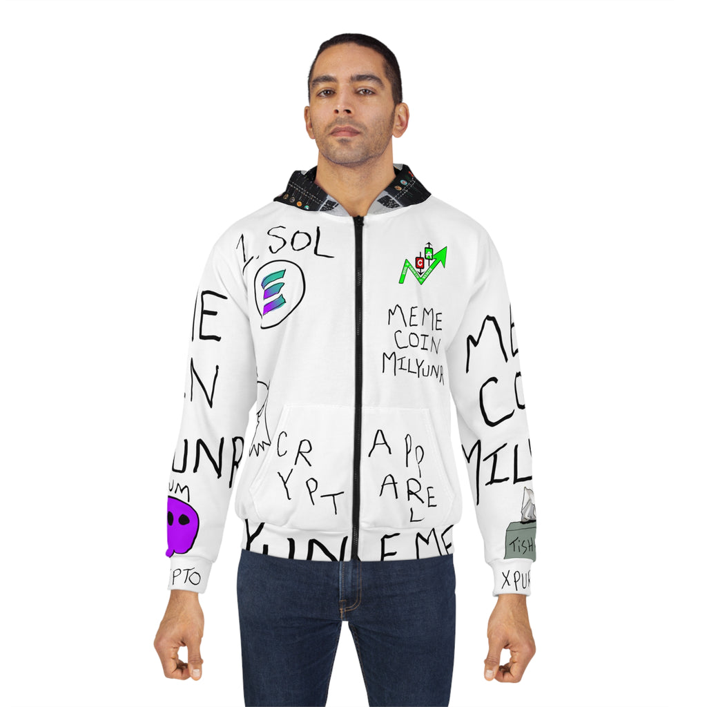 Meme Coin Millionaire Crypto Zip Hoodie — 'Crypt Apparel Meme' All-Over Print