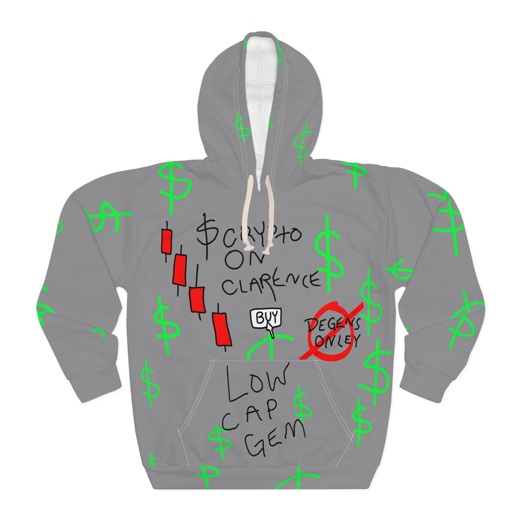 Grey All Over Print Hoodie by Crypt Apparel featuring cryptocurrency trading graphics
