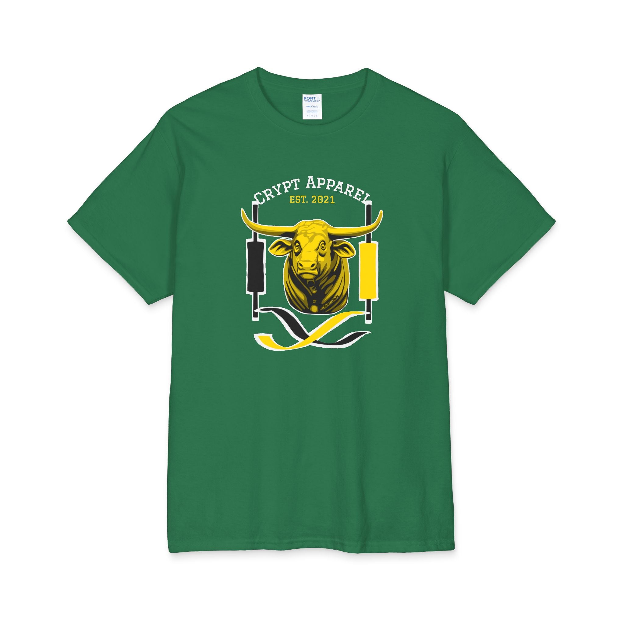 Golden Cross Bull Market Graphic Tee Shirt By Crypt Apparel featuring golden bull, charting candles, and the golden cross