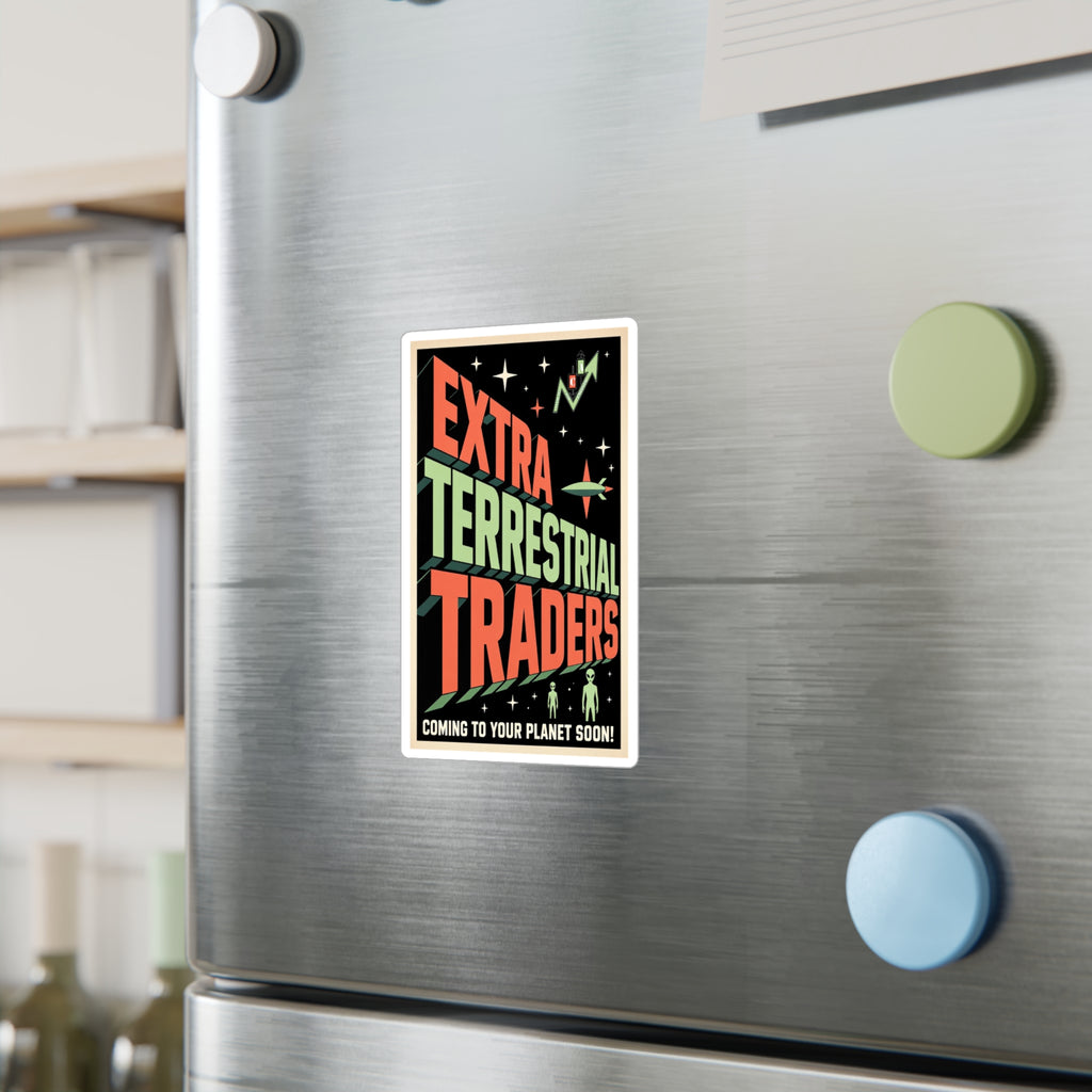 Retro Alien Crypto Movie Poster Kiss-Cut Vinyl Sticker — “Extra Terrestrial Traders”