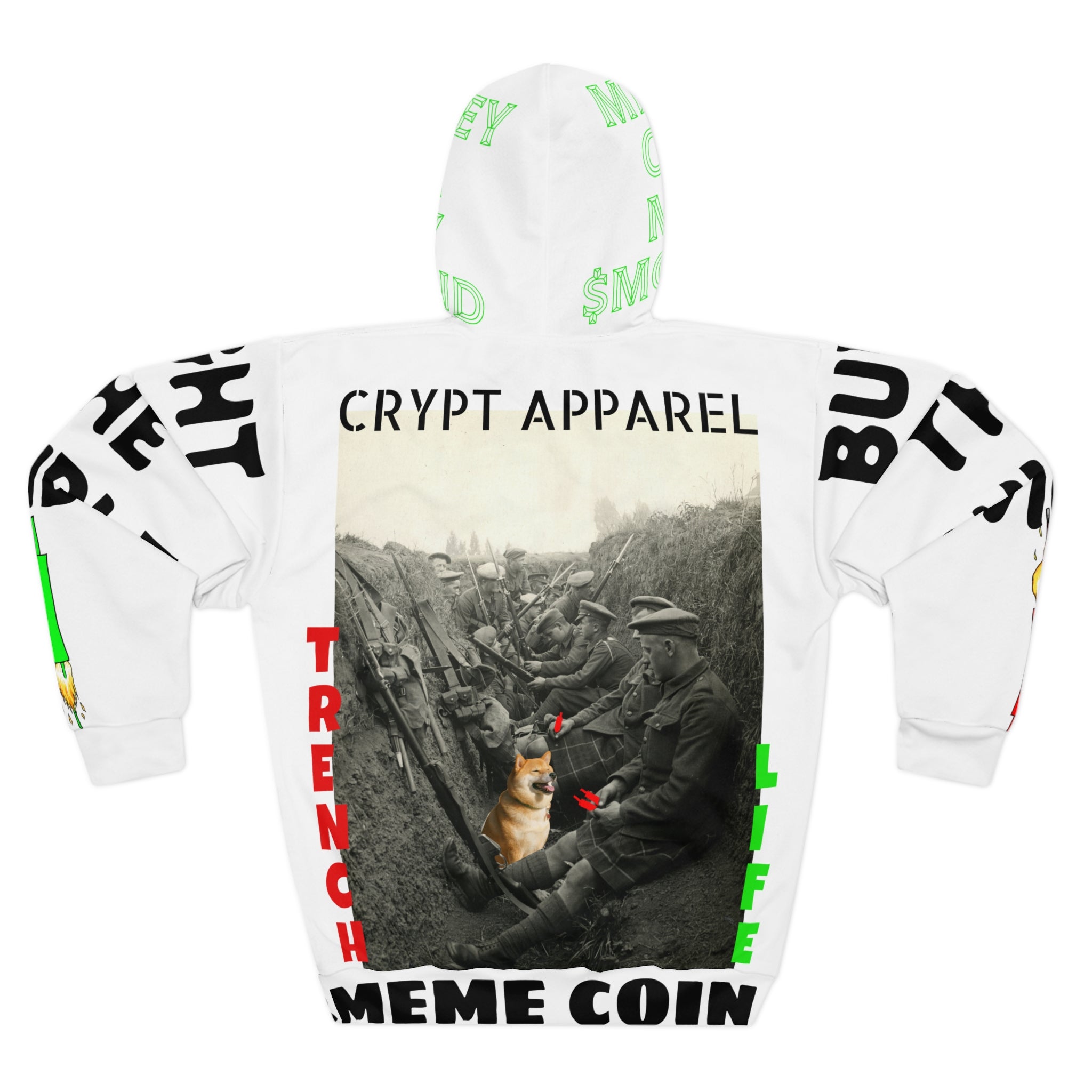 Crypt Apparel Hoodie All Over Print Meme Coin Trenches design.