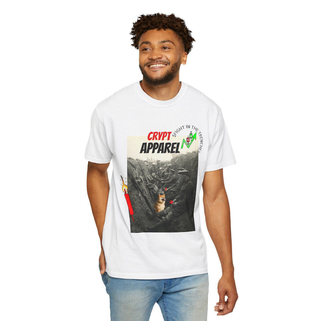 The Trenches Crypto Graphic T‑Shirt — 'Crypt Apparel' Candle Design