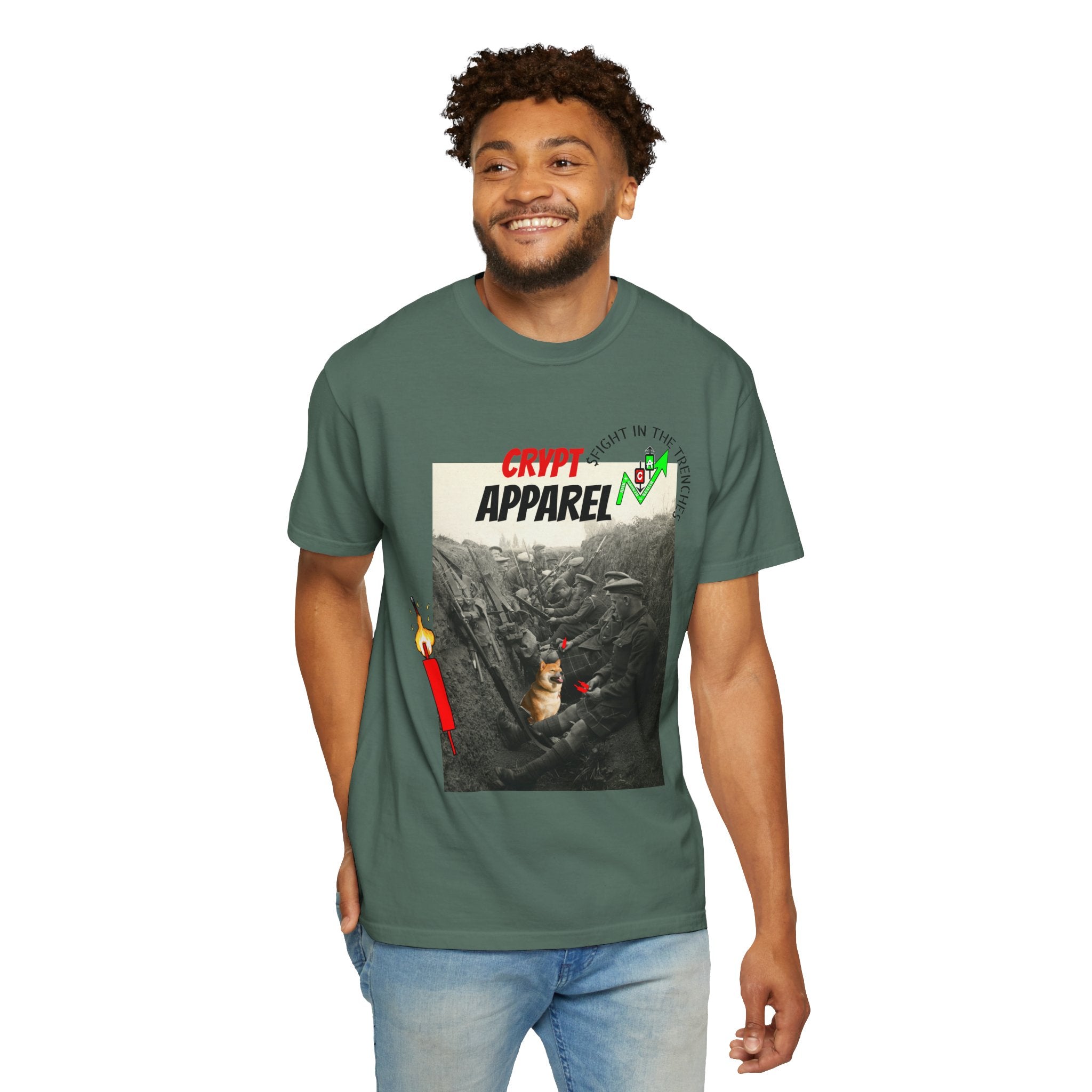 The Trenches Crypto Graphic T‑Shirt — 'Crypt Apparel' Candle Design