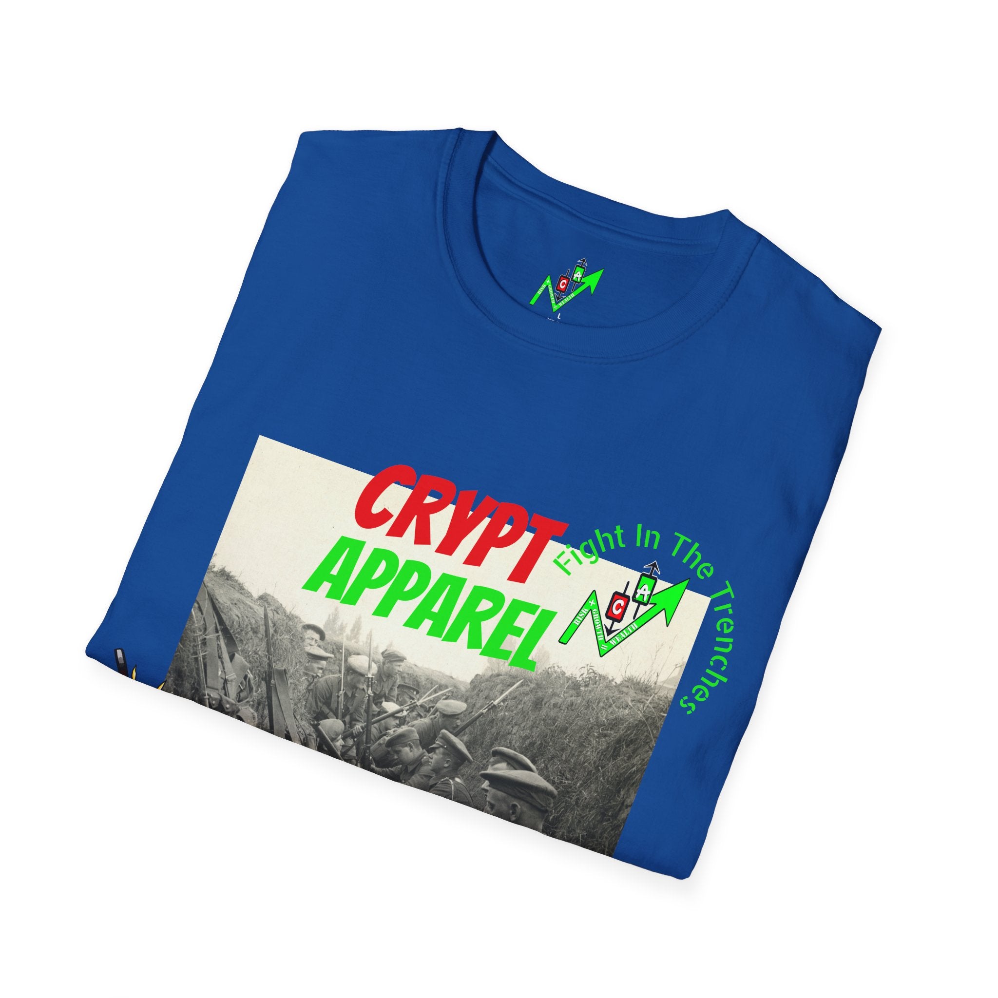 The Trenches Crypto T‑Shirt — 'Crypt Apparel' Graphic Tee with Candlesticks Design