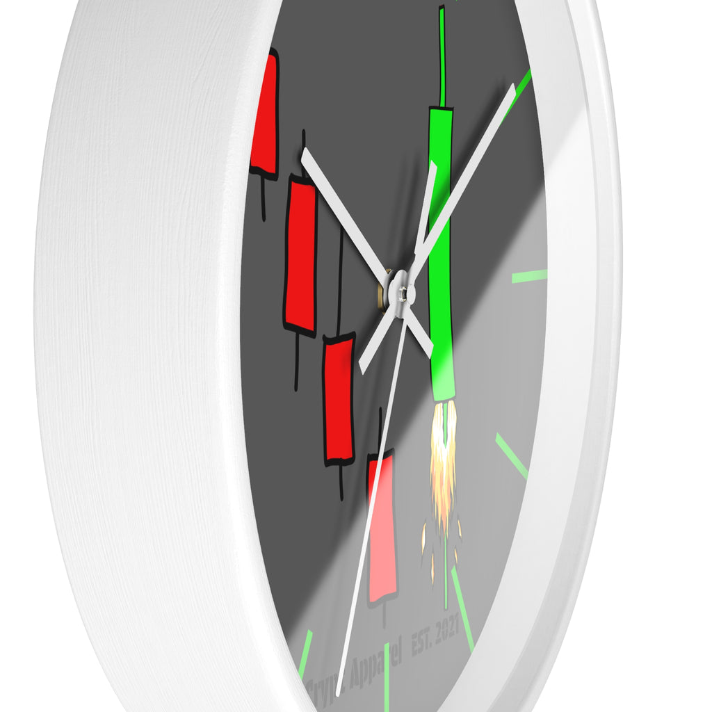 Degen Traders Crypto Candlestick Wall Clock — Crypt Apparel 'Bull Rocket' Trading Chart Clock