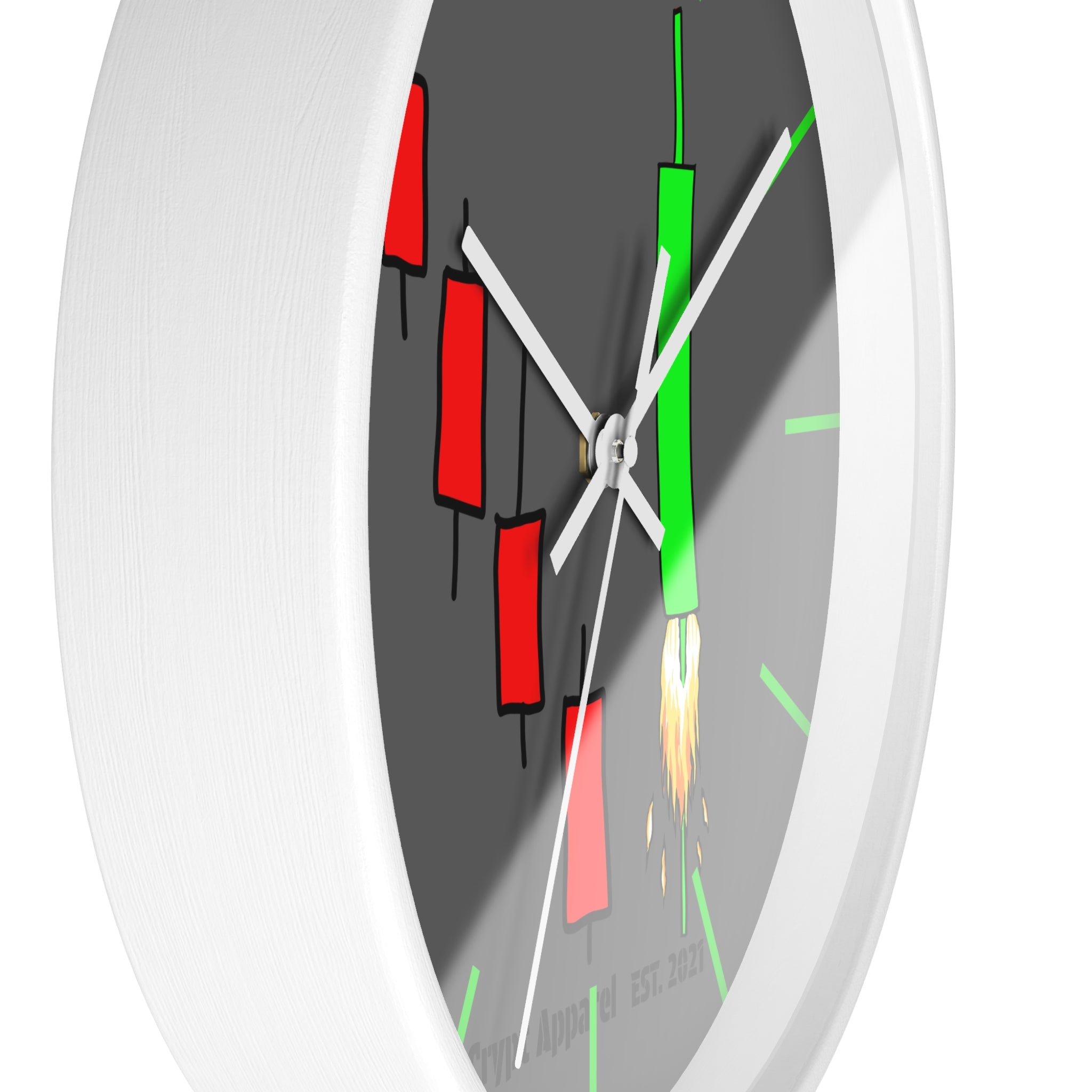 Degen Traders Crypto Candlestick Wall Clock — Crypt Apparel 'Bull Rocket' Trading Chart Clock