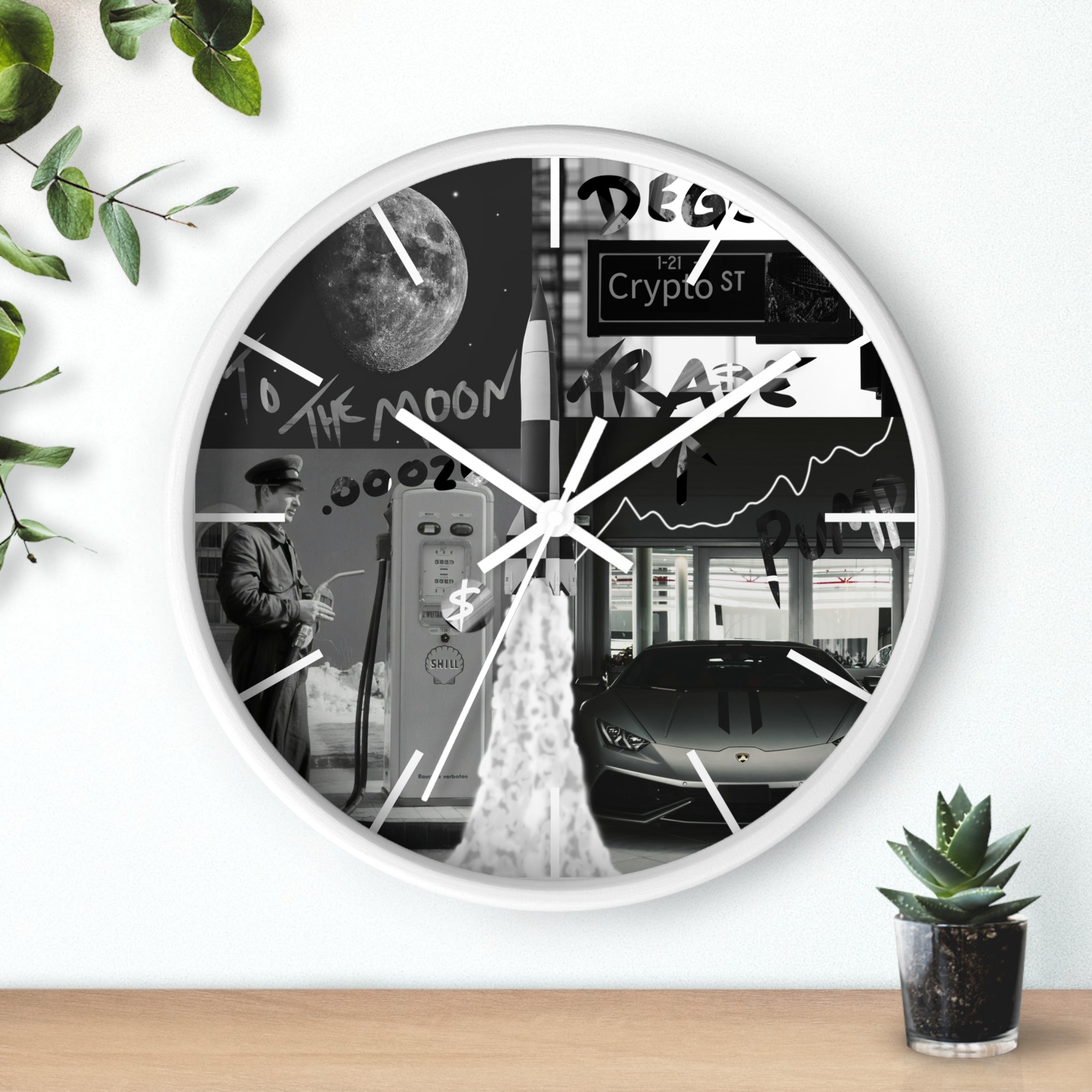 B&W Crypto Dreamscape Wall Clock — Crypt Apparel Moon, Lamborghini & Trading Collage