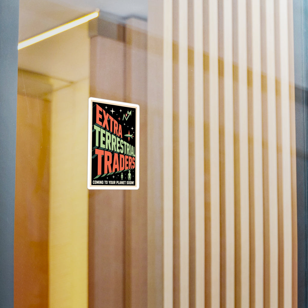 Retro Alien Crypto Movie Poster Kiss-Cut Vinyl Sticker — “Extra Terrestrial Traders”