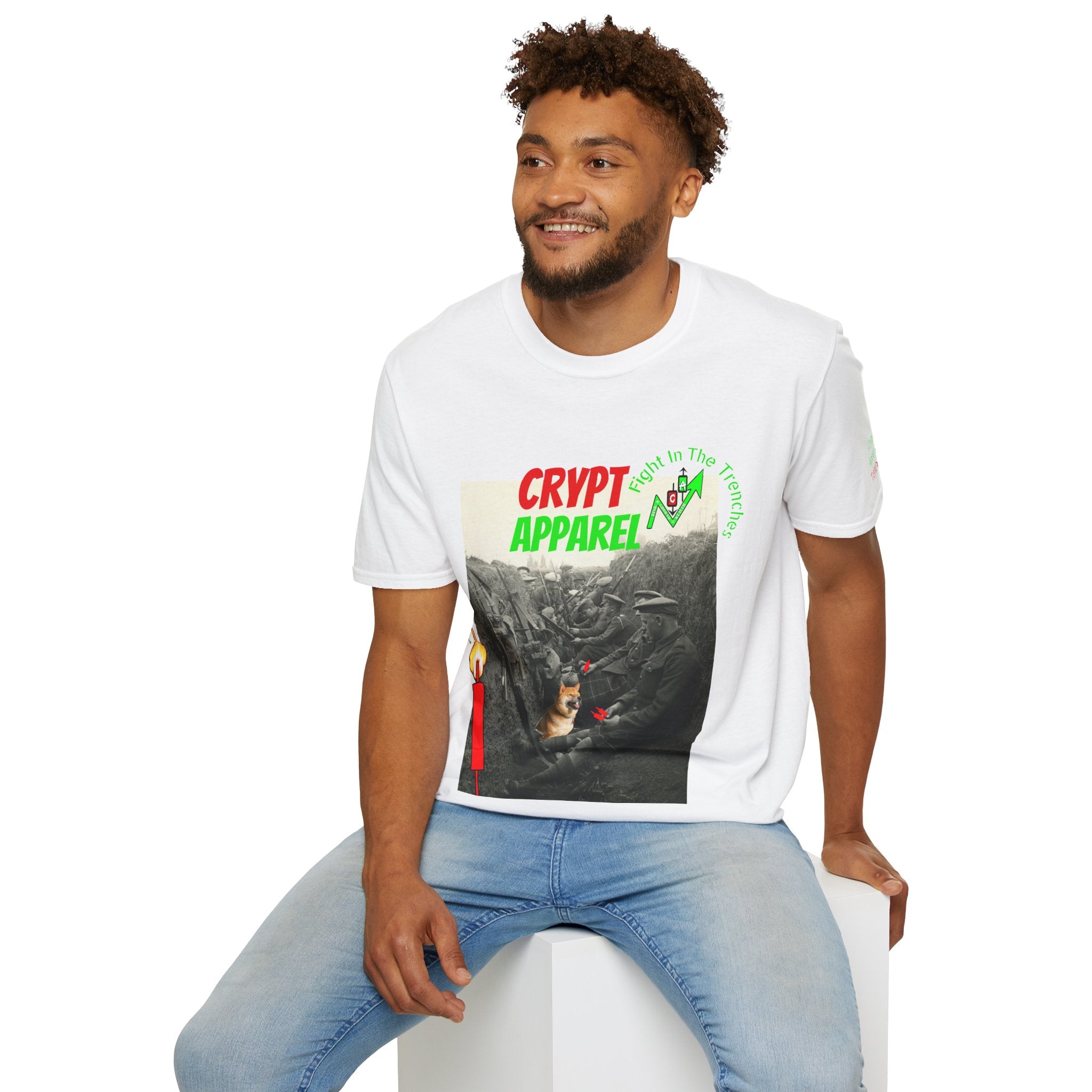 The Trenches Crypto T‑Shirt — 'Crypt Apparel' Graphic Tee with Candlesticks Design
