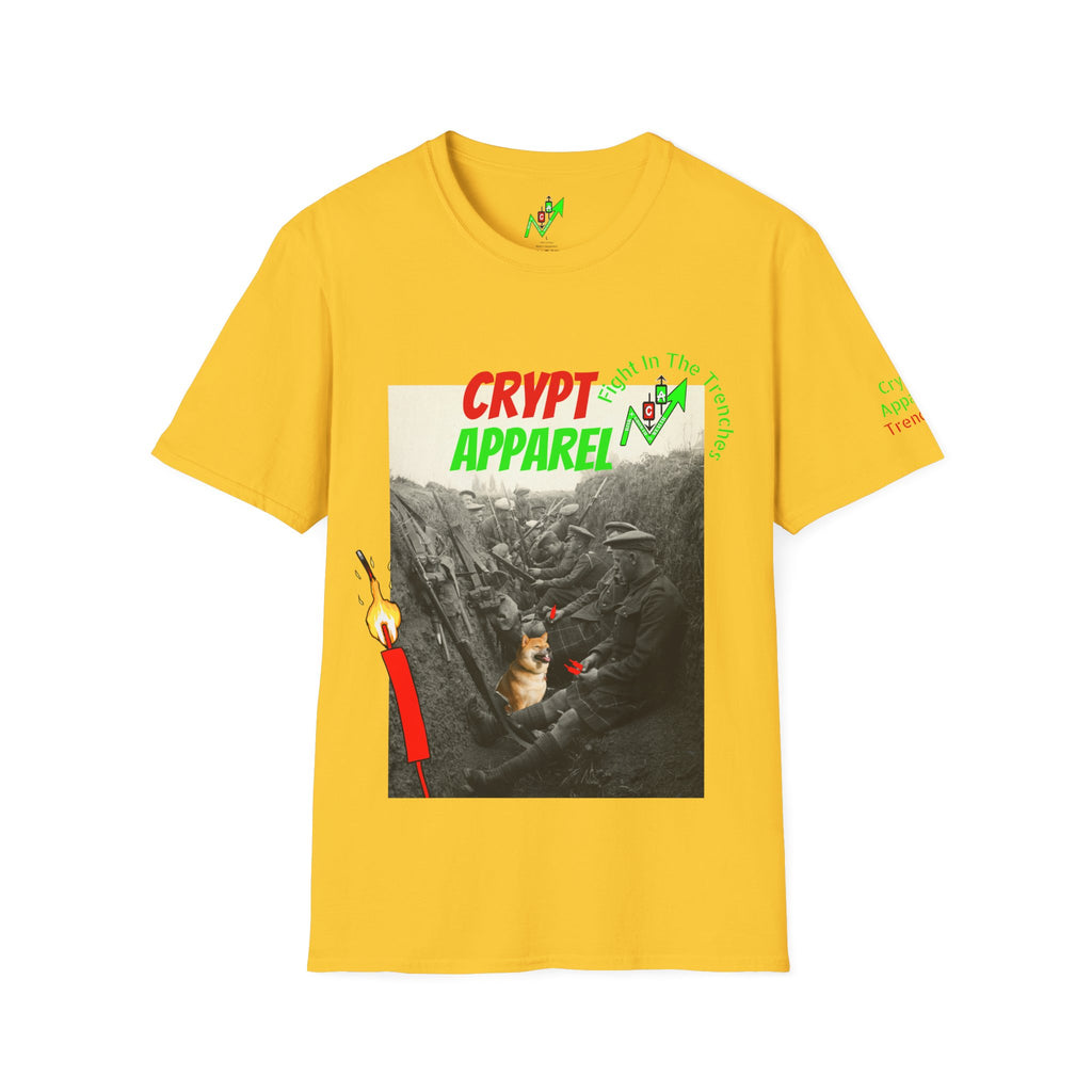 The Trenches Crypto T‑Shirt — 'Crypt Apparel' Graphic Tee with Candlesticks Design