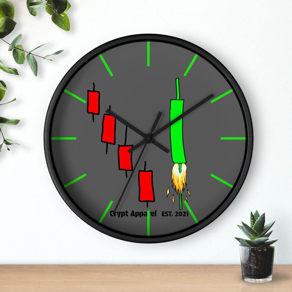 Degen Traders Crypto Candlestick Wall Clock — Crypt Apparel 'Bull Rocket' Trading Chart Clock