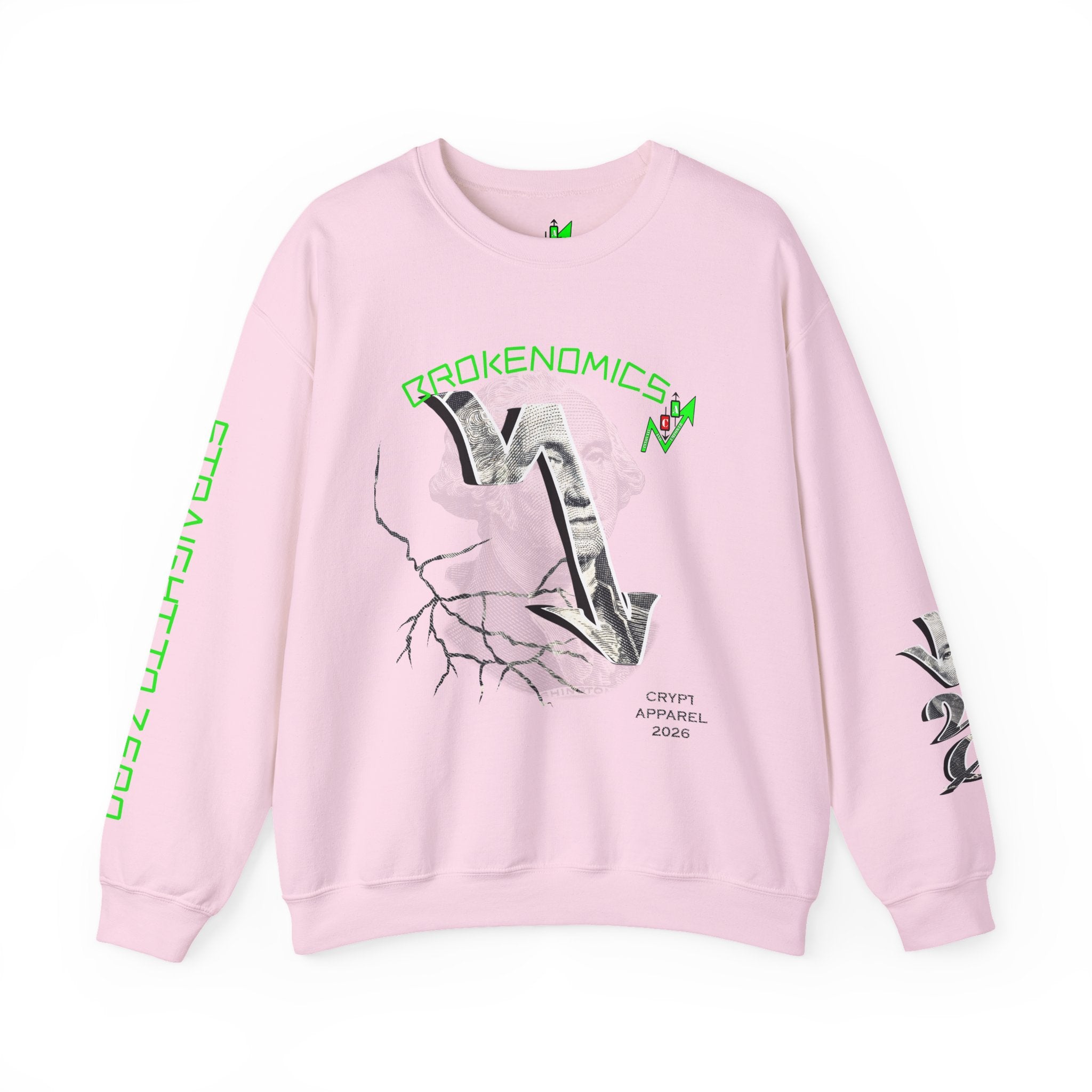 Brokenomics Crypto Crewneck Sweatshirt — Crypt Apparel Graphic Pullover with Neon Green Accents