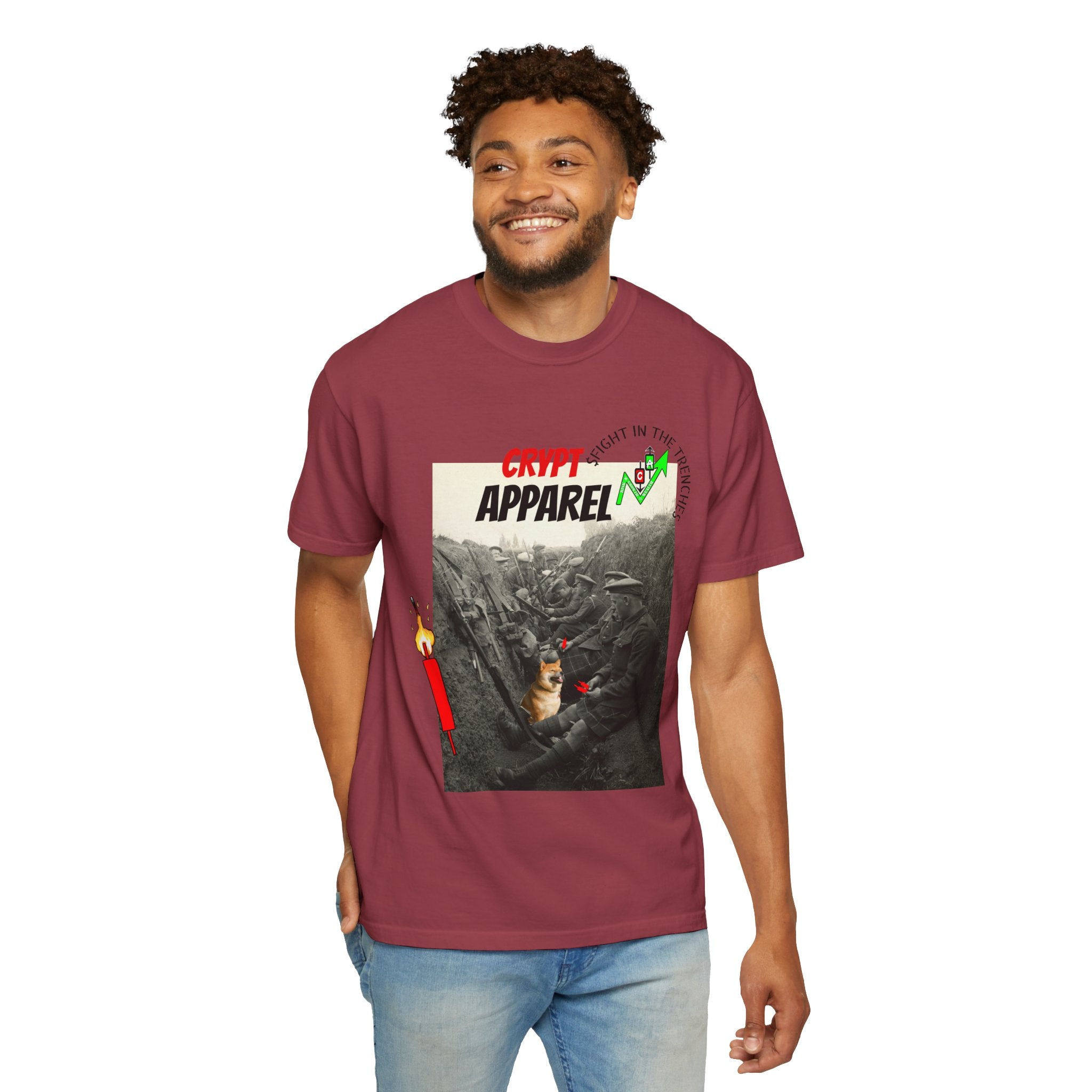 The Trenches Crypto Graphic T‑Shirt — 'Crypt Apparel' Candle Design