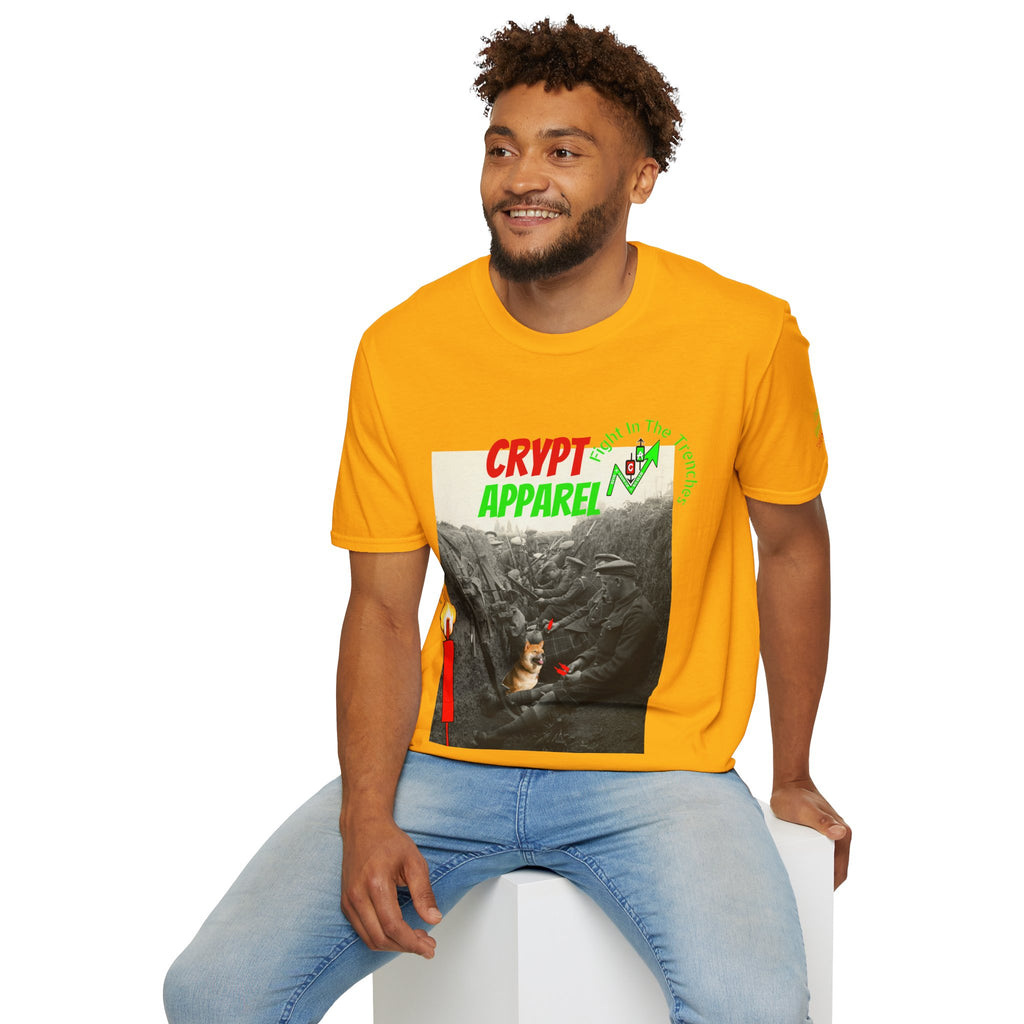 The Trenches Crypto T‑Shirt — 'Crypt Apparel' Graphic Tee with Candlesticks Design