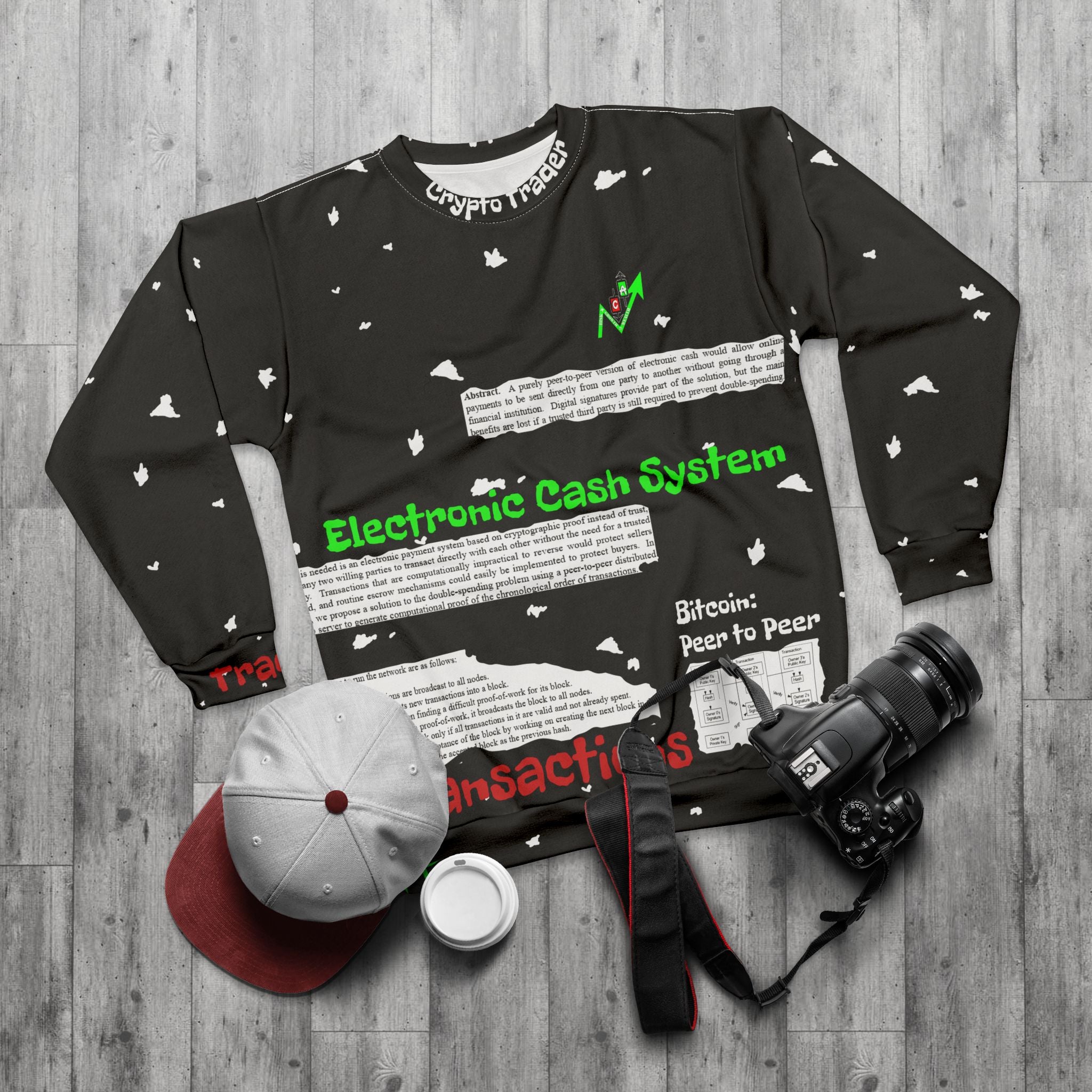 Crypt Apparel Bitcoin inspired Sweatshirt | Crypto White Paper Text All-Over Print