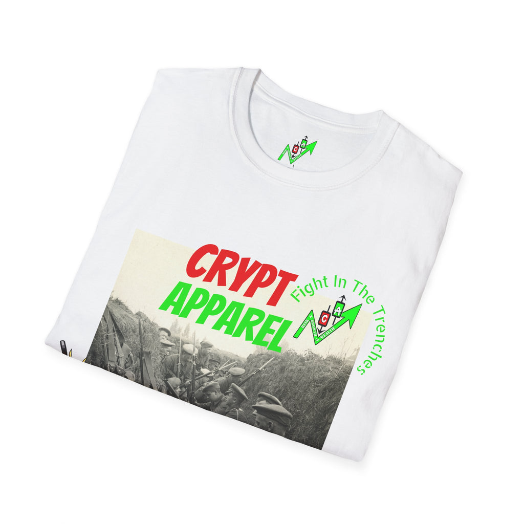 The Trenches Crypto T‑Shirt — 'Crypt Apparel' Graphic Tee with Candlesticks Design
