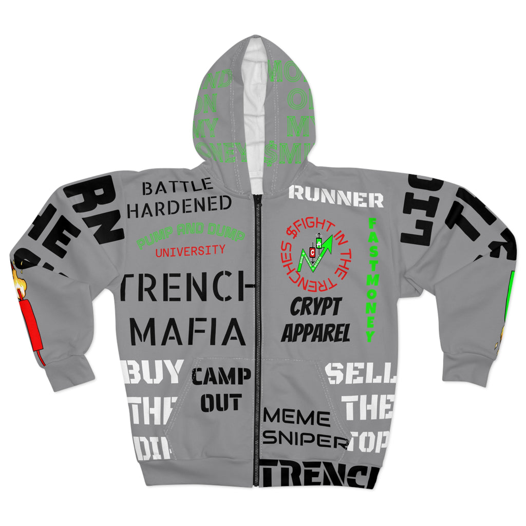 The Trenches Graphic Zip Hoodie — Crypt Apparel AOP Crypto Design