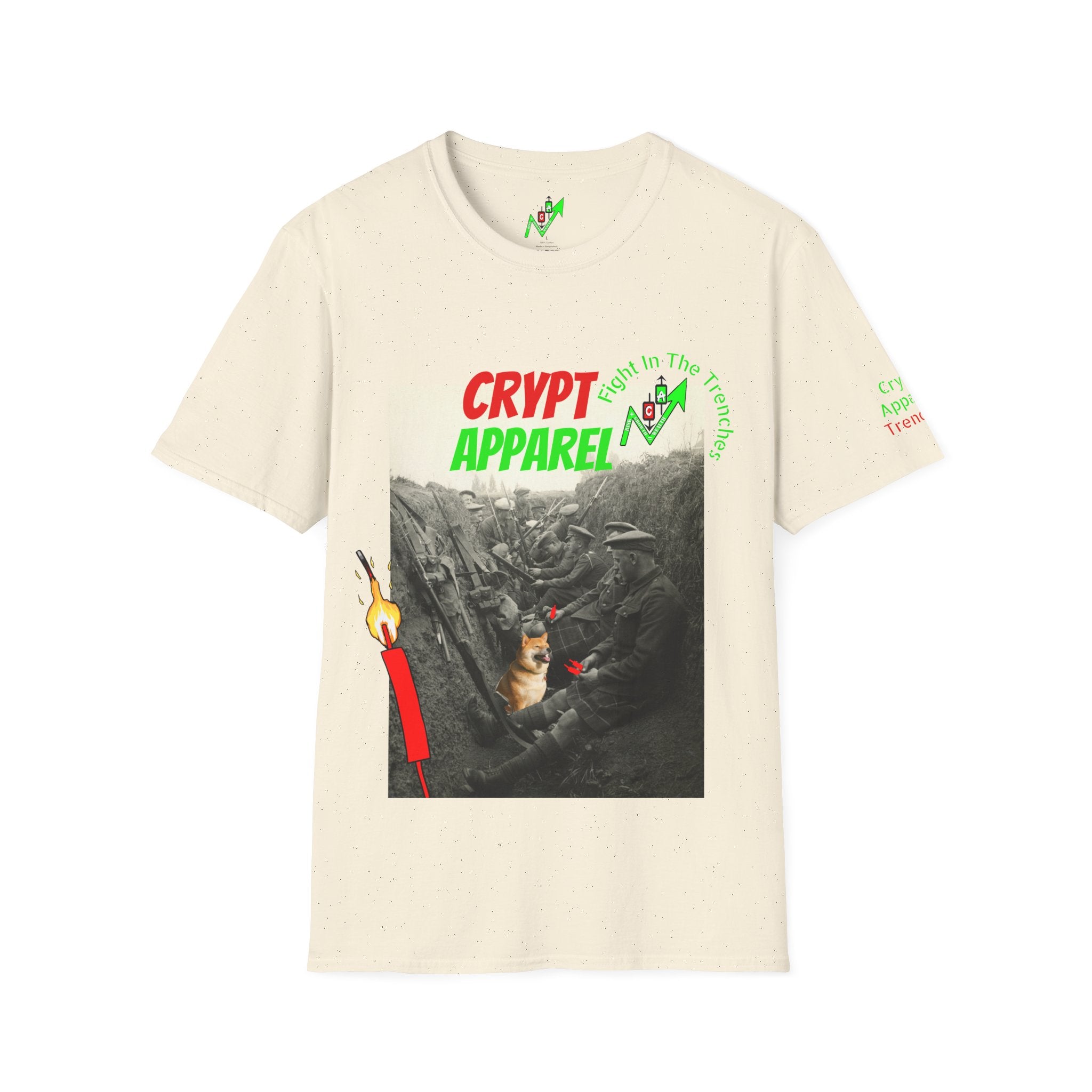 The Trenches Crypto T‑Shirt — 'Crypt Apparel' Graphic Tee with Candlesticks Design