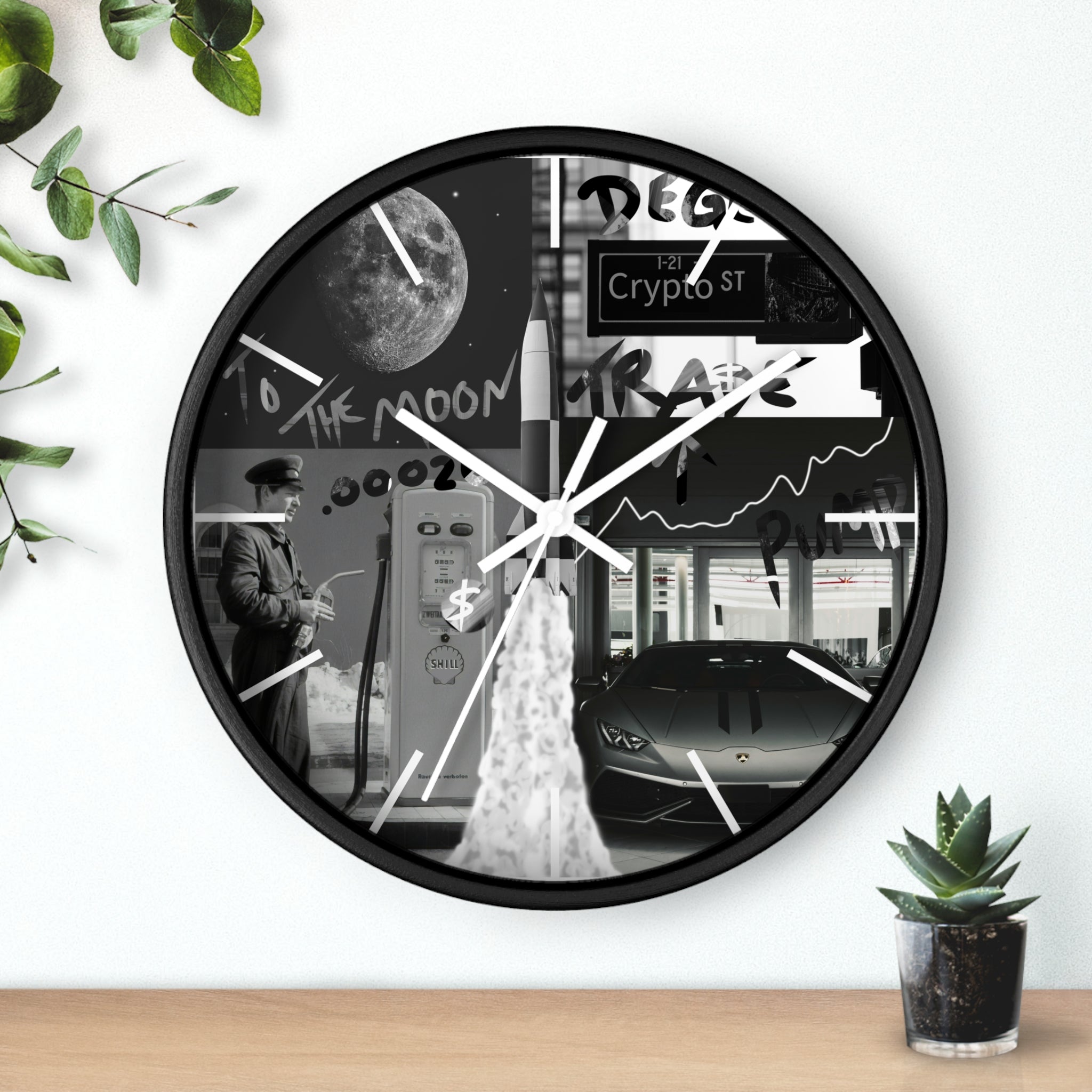 B&W Crypto Dreamscape Wall Clock — Crypt Apparel Moon, Lamborghini & Trading Collage