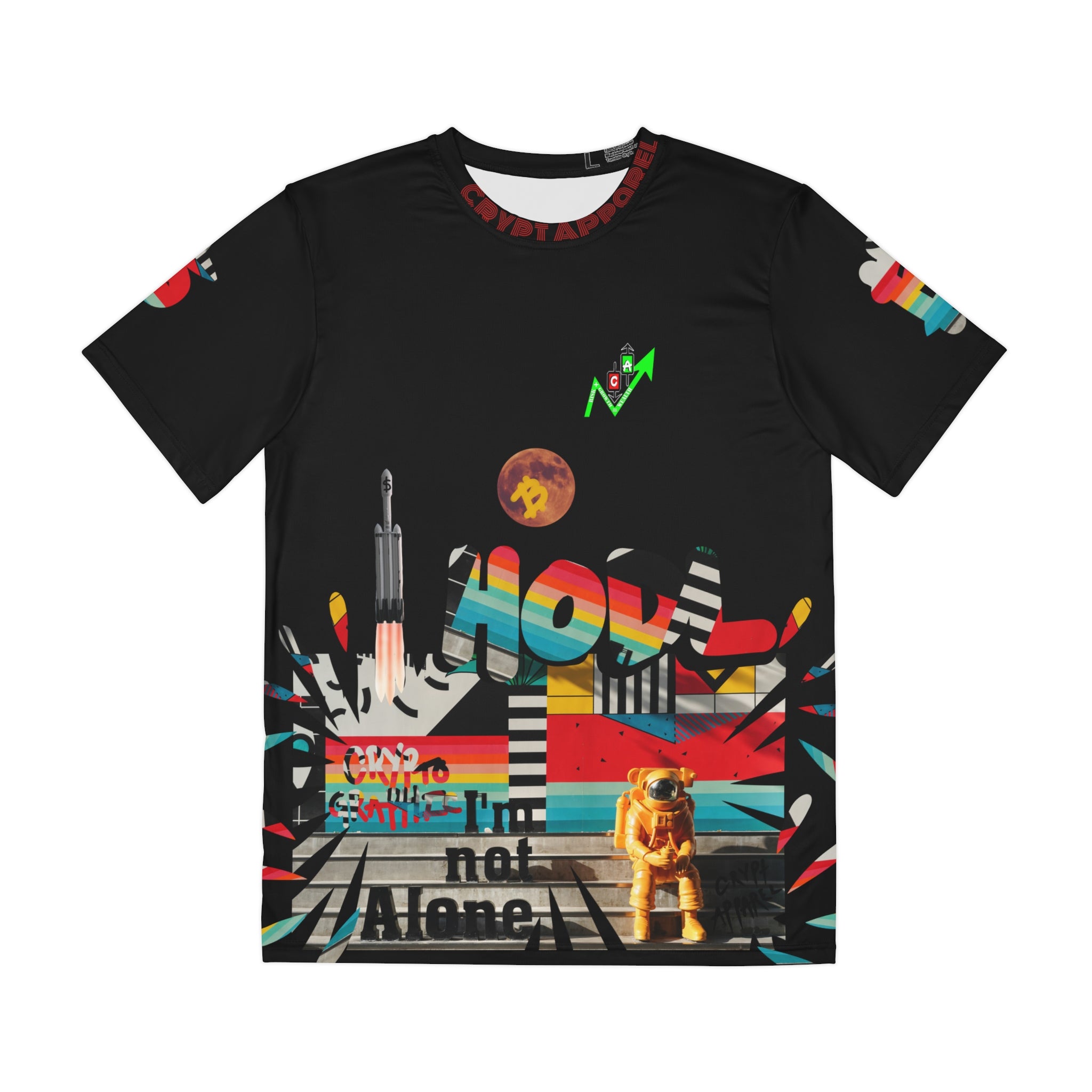 Urban Jungle all over print t shirt by Crypt Apparel featuring colorful graffiti designs, an astronaut, and HODL/DYOR motifs