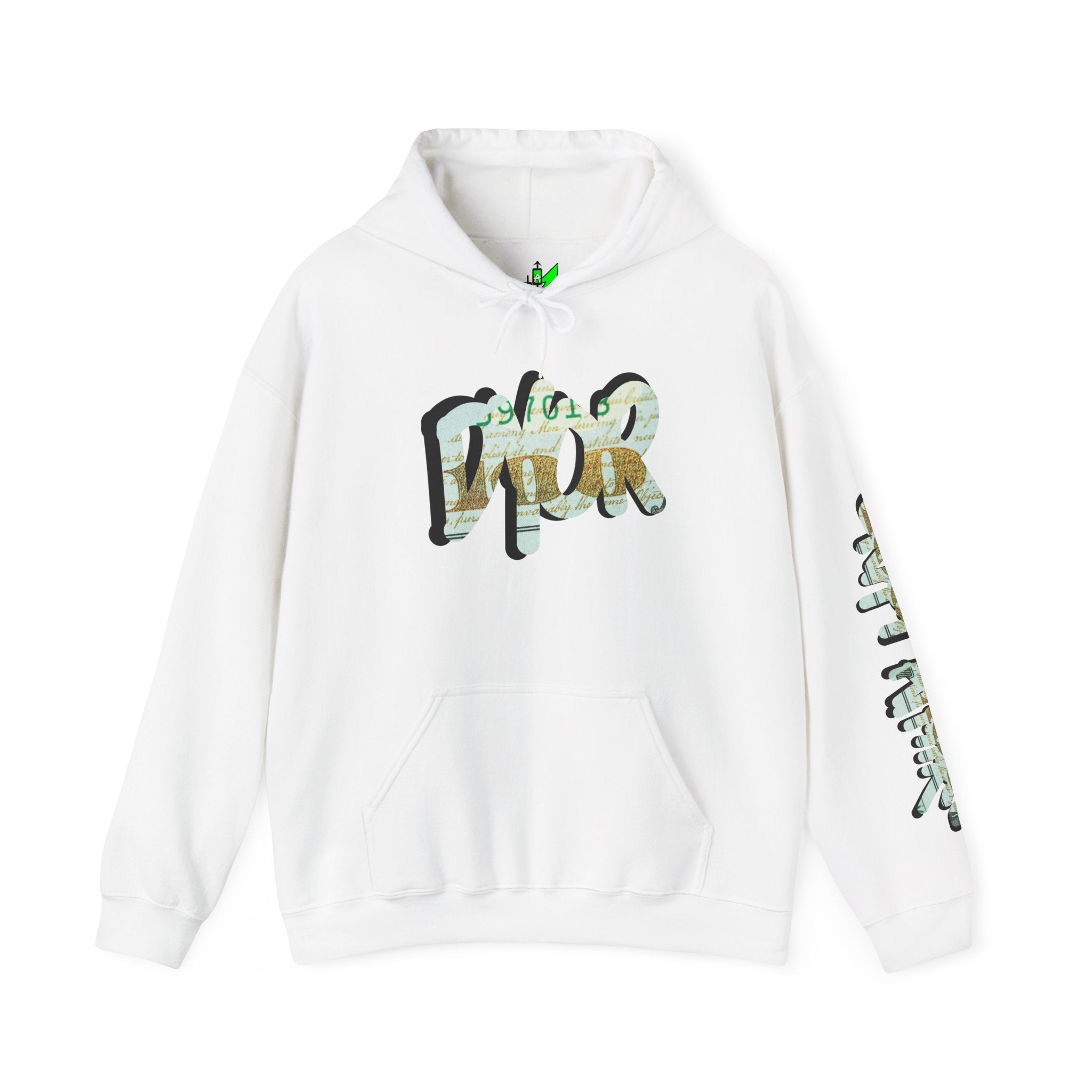 CA 100 DYOR crypto hoodie by Crypt Apparel featuring graffiti style dollar lettering