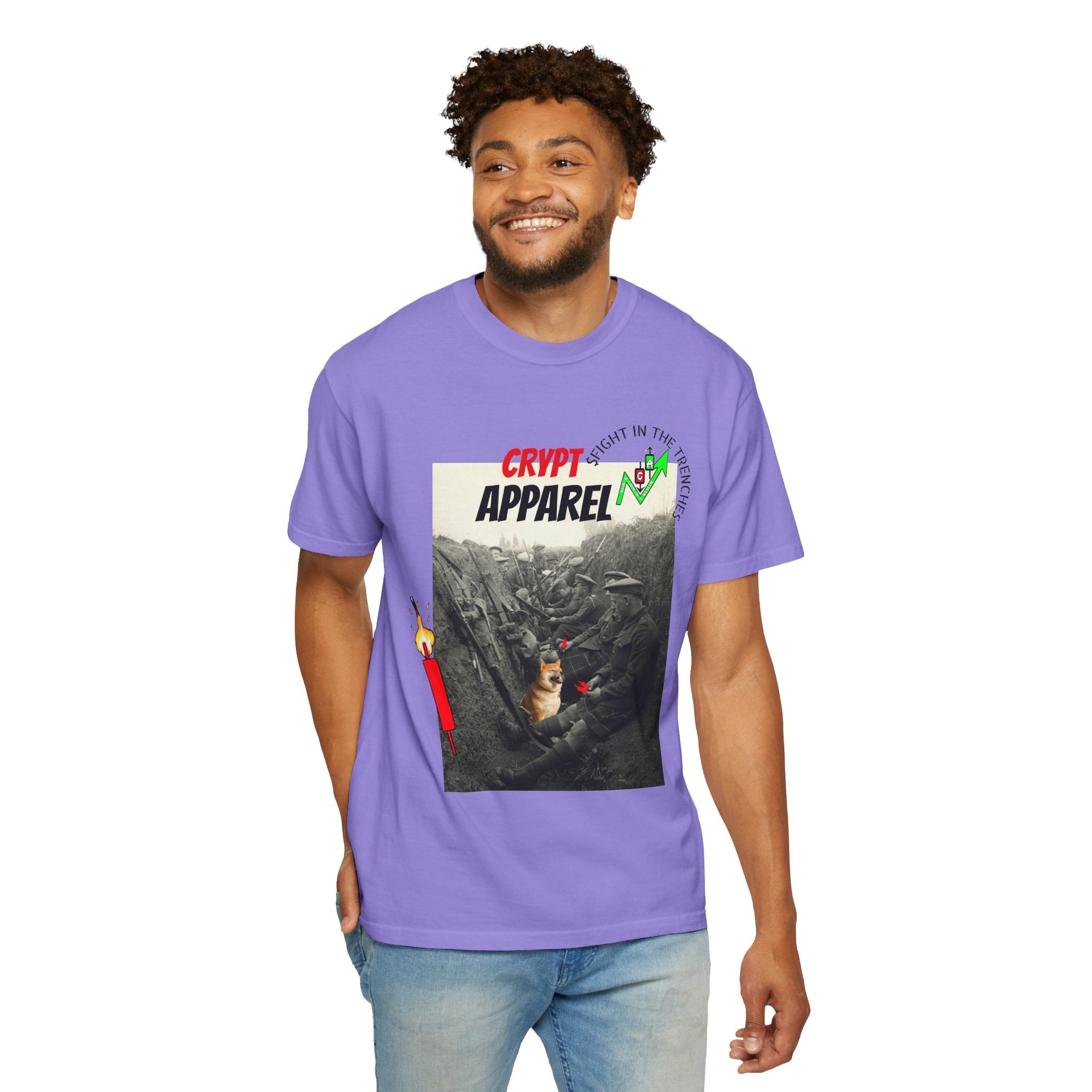 The Trenches Crypto Graphic T‑Shirt — 'Crypt Apparel' Candle Design