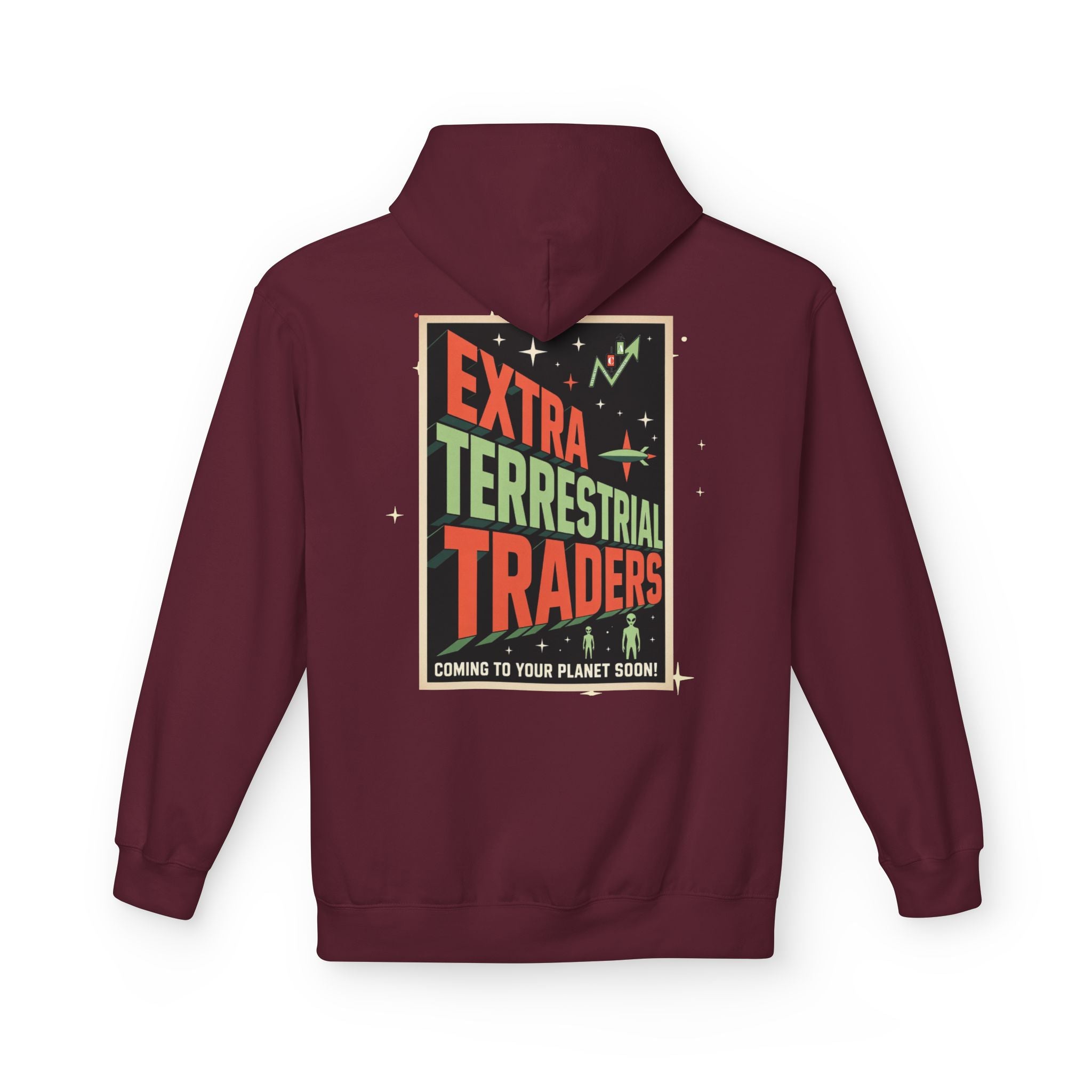 Extra Terrestrial Traders Crypto Hoodie — “Not Alone” Crypt Apparel Retro Sci‑Fi Graphic