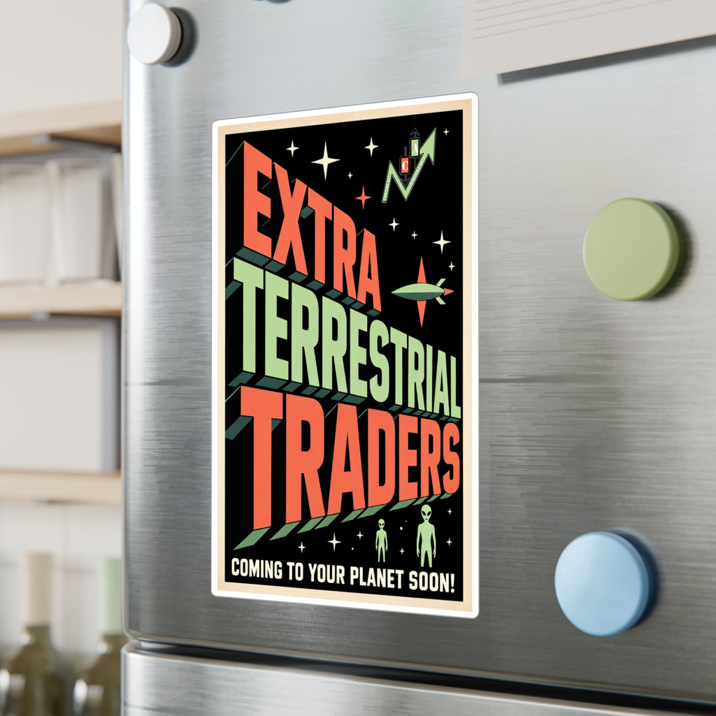Retro Alien Crypto Movie Poster Kiss-Cut Vinyl Sticker — “Extra Terrestrial Traders”